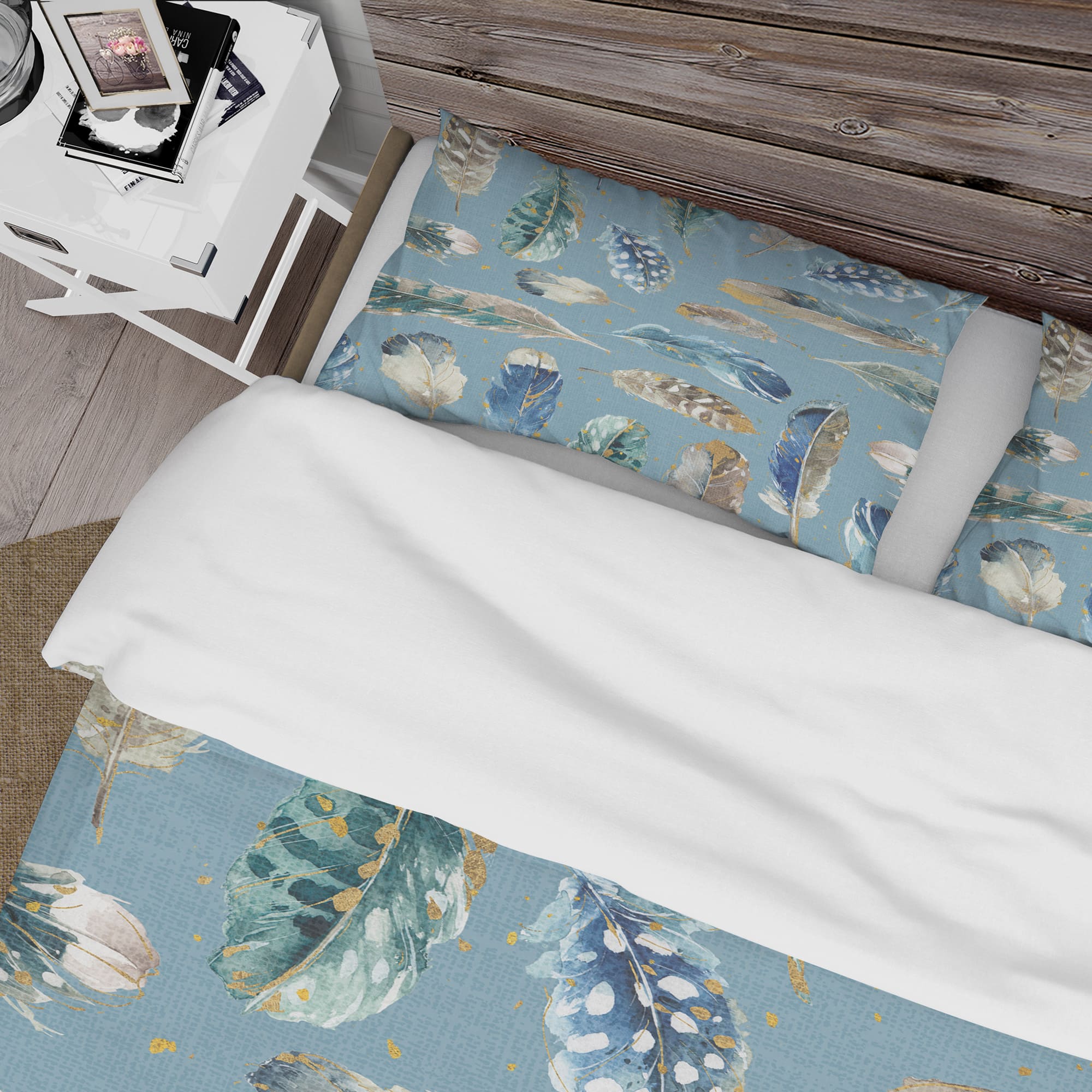Designart &#x27;Indigold Feathers Turquoise Pattern&#x27; Cottage Bedding Set - Duvet Cover &#x26; Shams