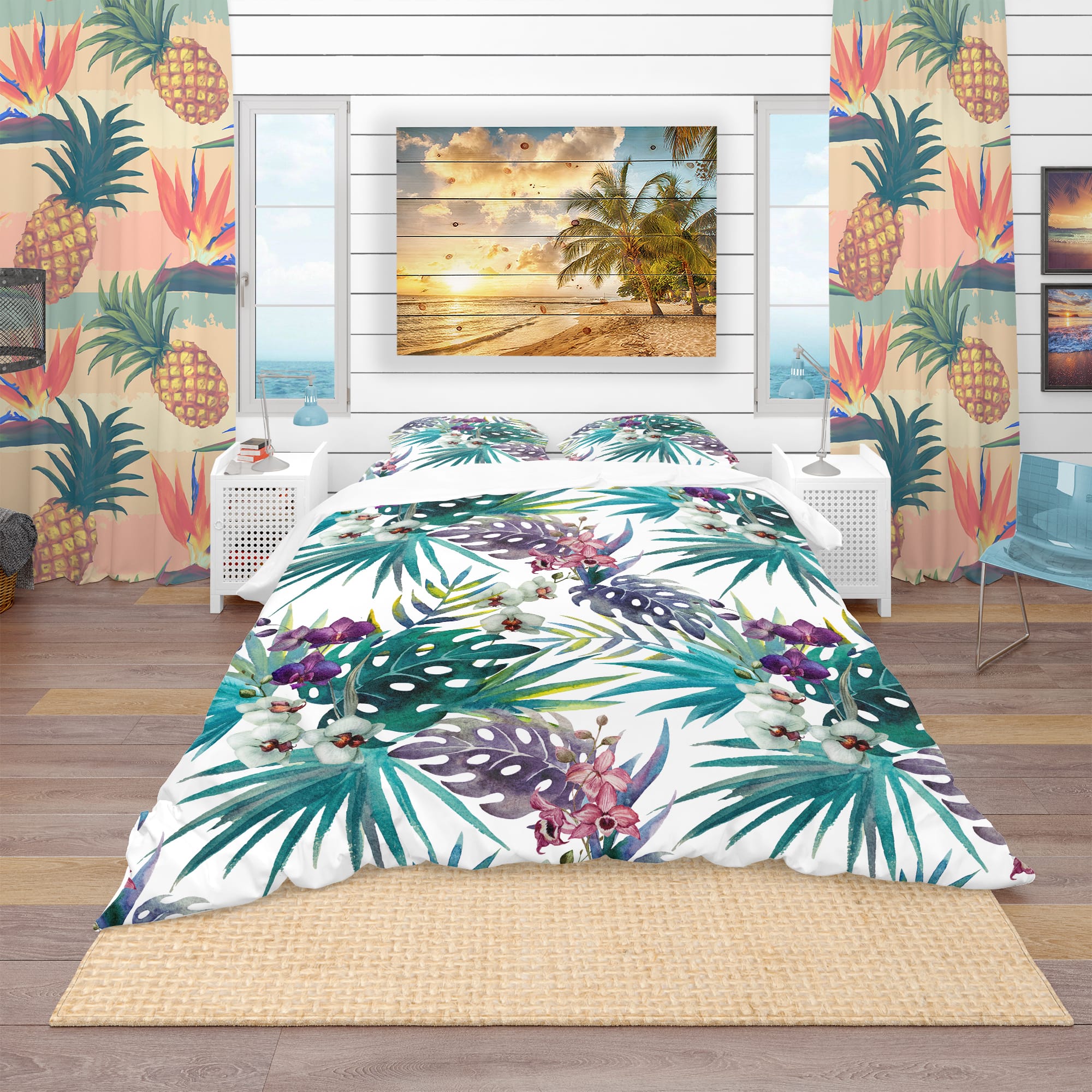 Designart 'Pattern Orchid Hibiscus Leaves Watercolor Tropics' Tropical Bedding Set - Duvet Cover & Shams