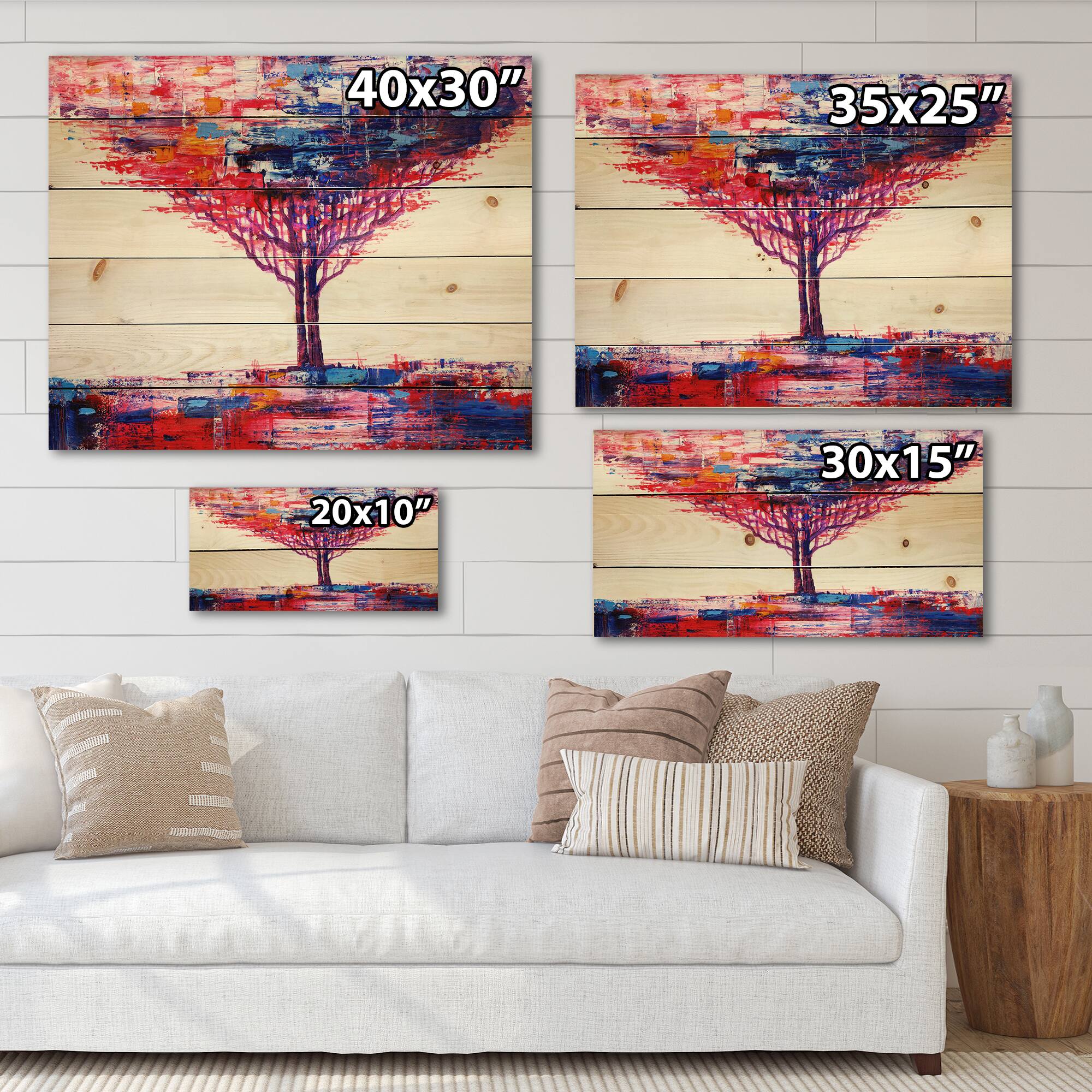 Designart - Colorful Abstract Tree Impressionist On A White - Modern Print on Natural Pine Wood