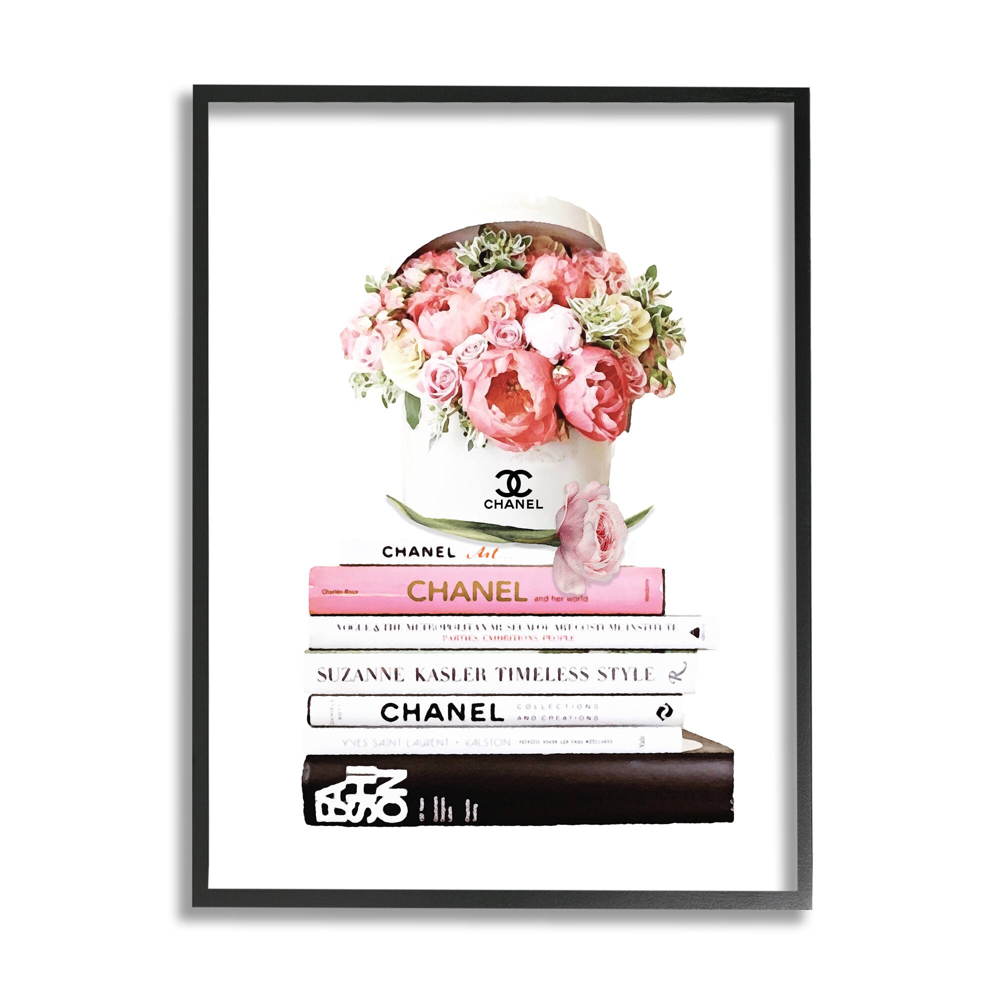 Stupell Industries Pink Florals in Hat Box Glam Fashion Books in Black Frame Wall Art