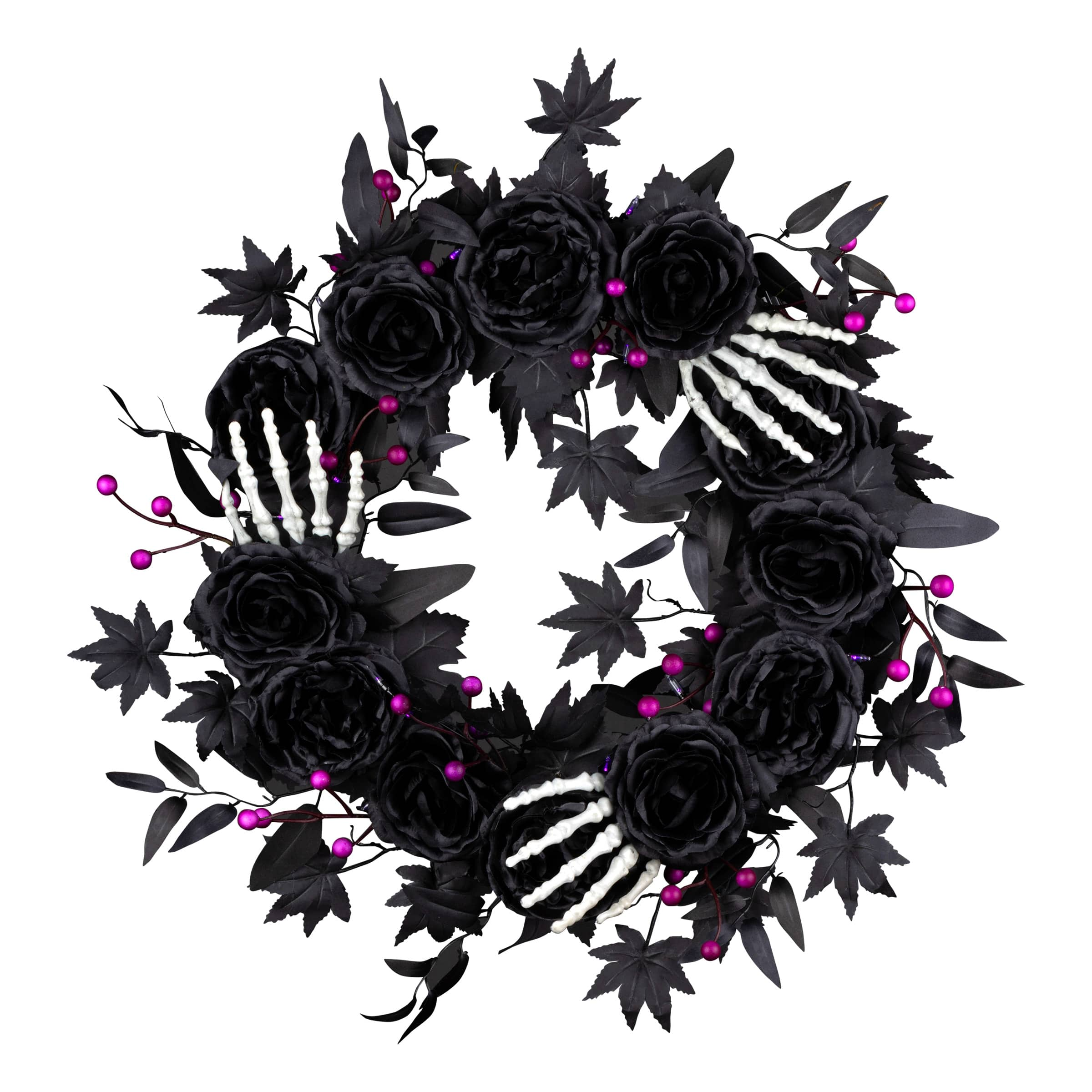 24&#x22; Bad to the Bone Black Flower &#x26; Skeleton Hand Halloween Pre-Lit LED Wreath