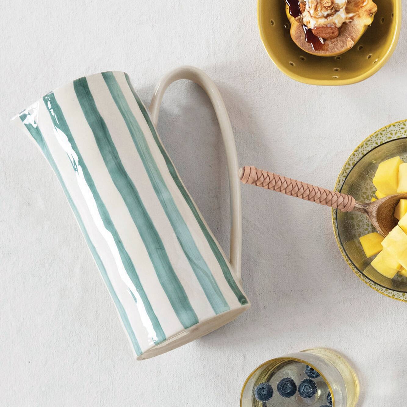 Hello Honey® 42oz. Hand-Painted White & Blue Striped Stoneware Pitcher
