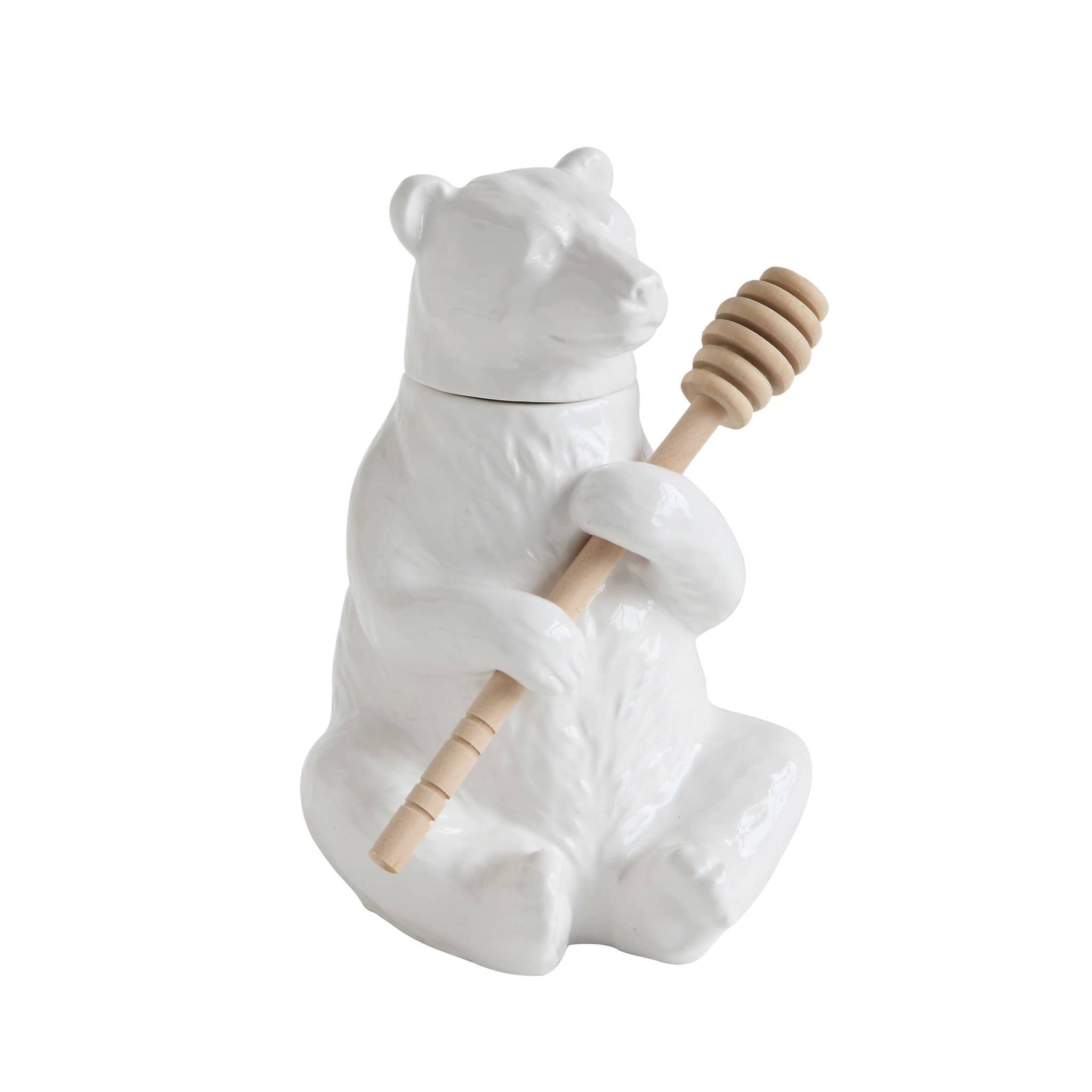 Hello Honey® 7" White Bear Shaped Honey Pot & Bamboo Dipper