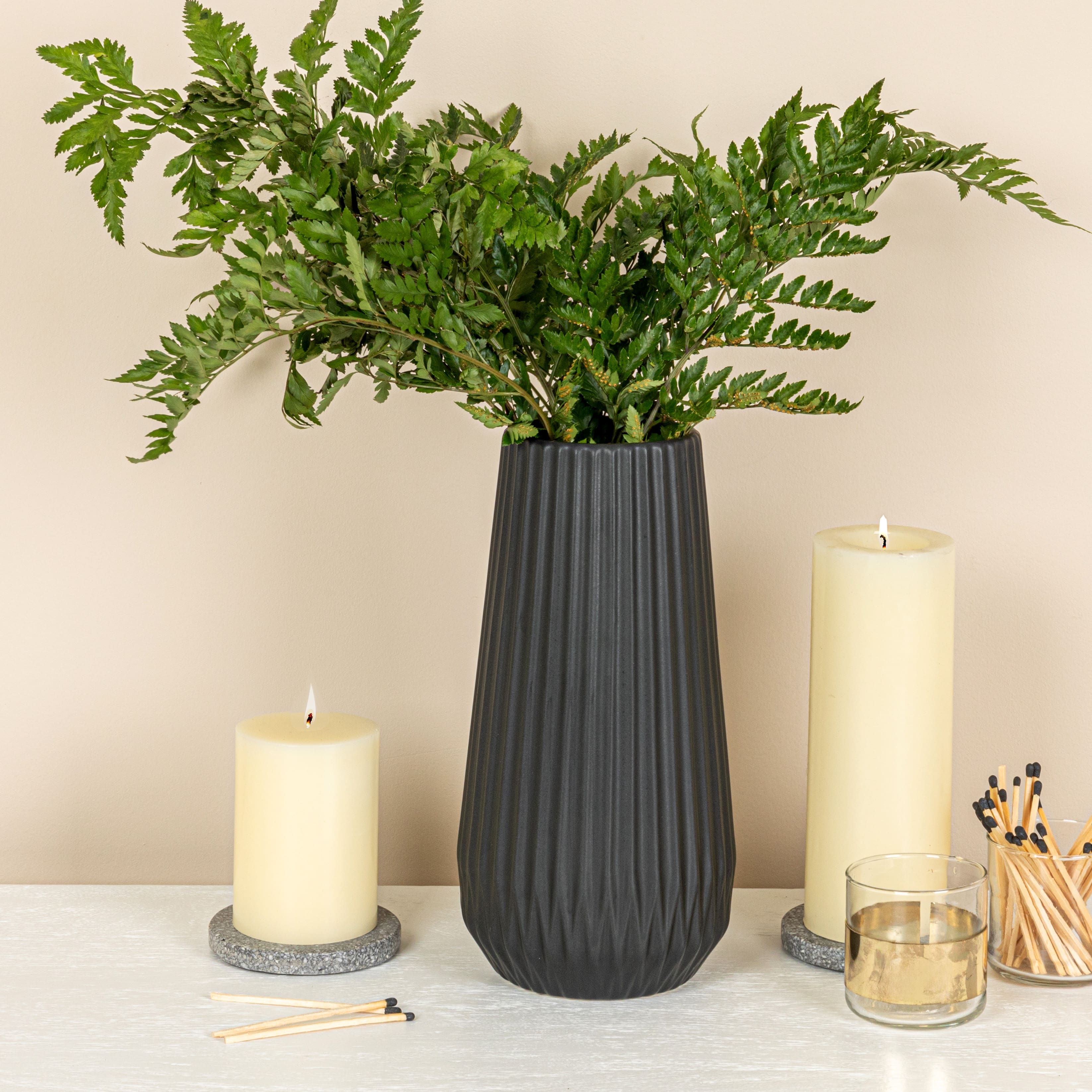 Hello Honey® 11.5" Matte Black Round Stoneware Fluted Vase with Embossed Lines