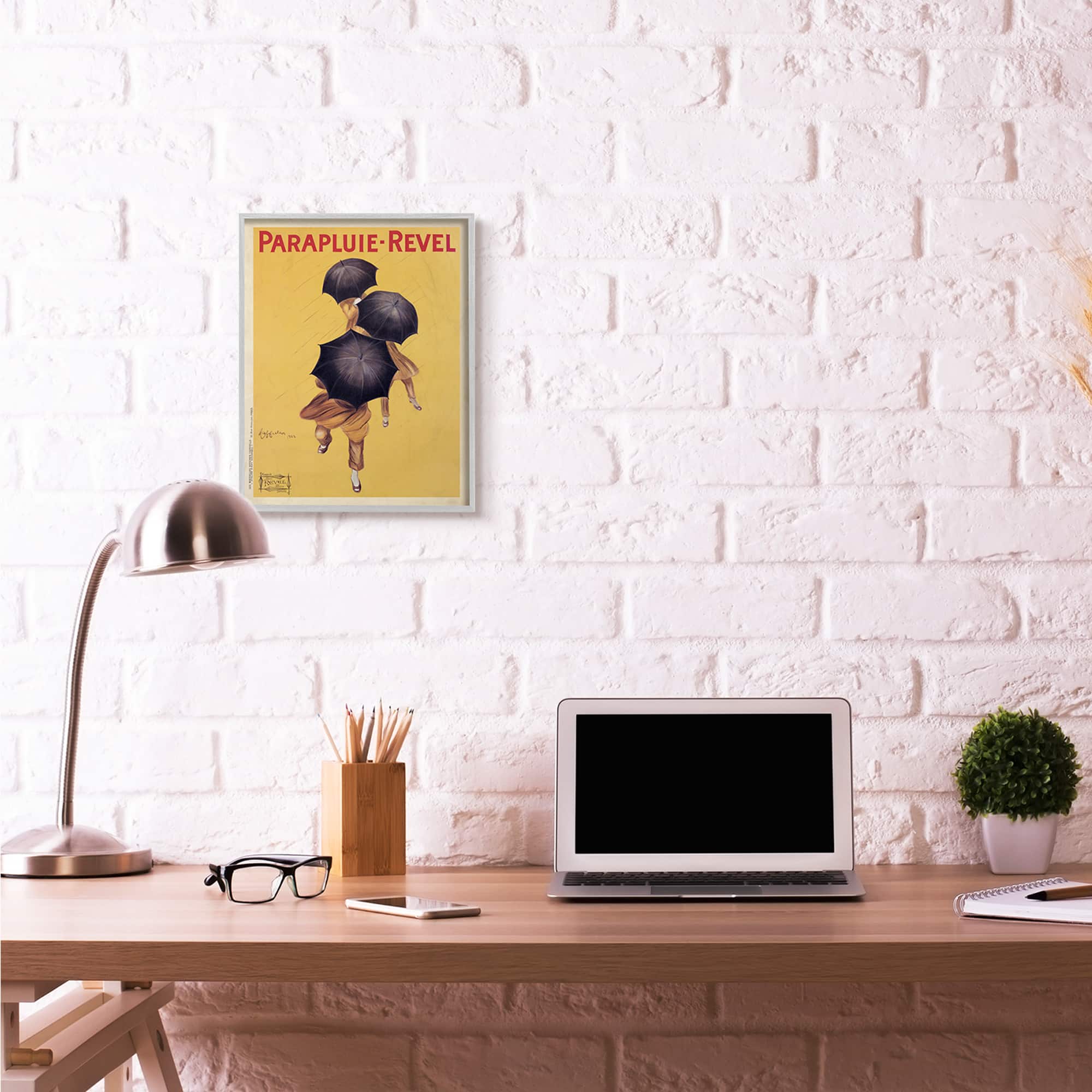 Stupell Industries Yellow Parapluie-Revel Vintage Poster Wall Accent with Gray Frame