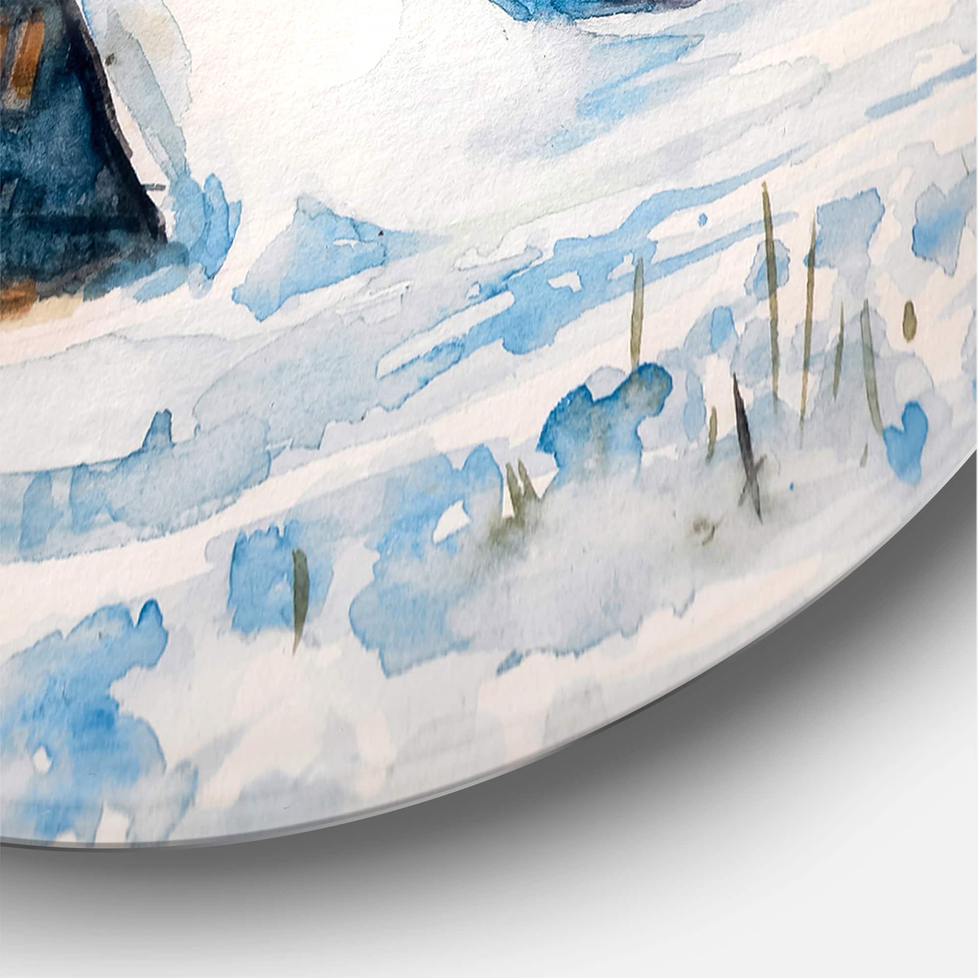 Designart - Mountain Village In Winter - Traditional Metal Circle Wall Art