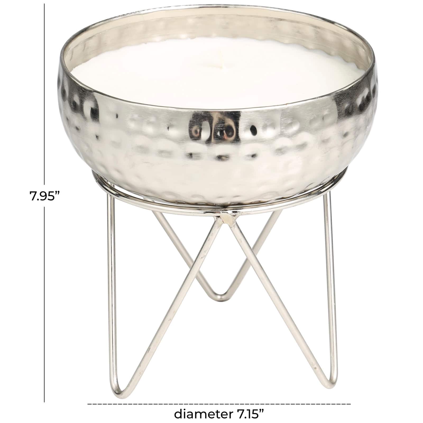 White Wax Campfire Scented Candle with Hammered Silver Container and Tripod Stand