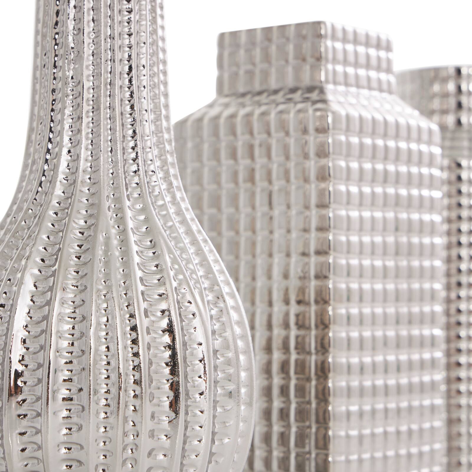 Silver Ceramic Geometric Dimensional Textured Vase Set with Varying Shapes & Grid Patterns