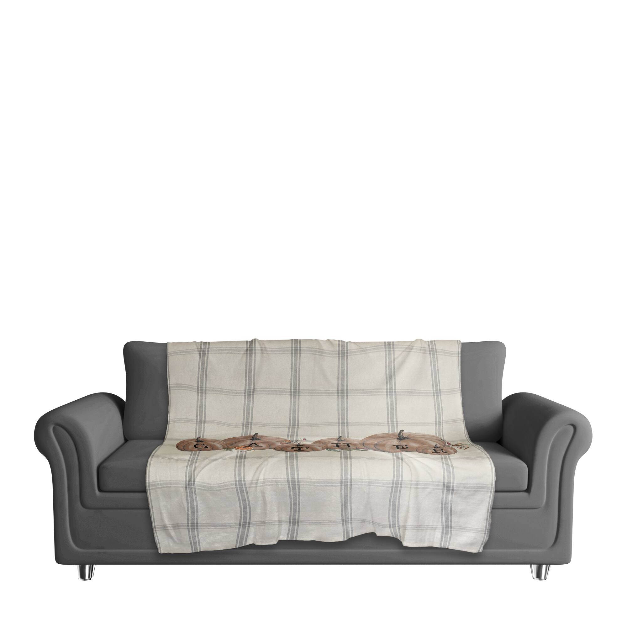 Gray Plaid Pumpkins Sherpa Fleece Blanket