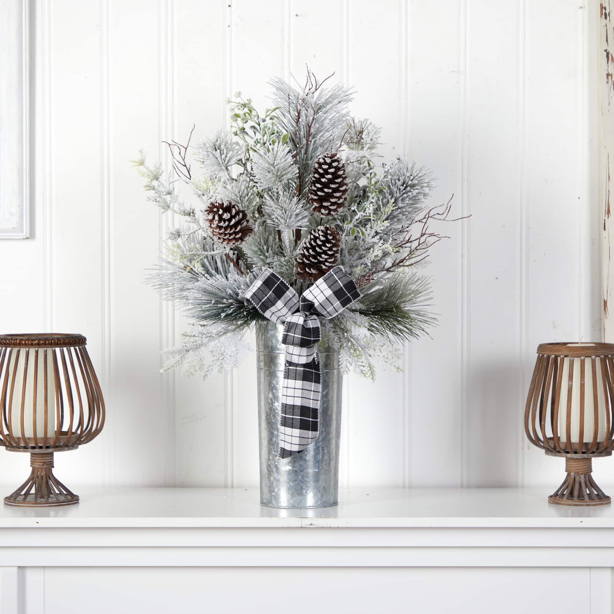 2.5ft. Frosted Greenery &#x26; Pinecone with Plaid Bow in Decorative Tin Artificial Christmas Arrangement