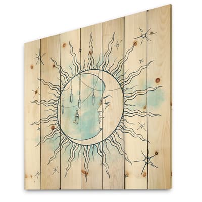 Designart - Blue Crescent Moon With Moonstone Pendants & Stars - Bohemian & Eclectic Print on Natural Pine Wood | 25" x 25" | Michaels&reg;