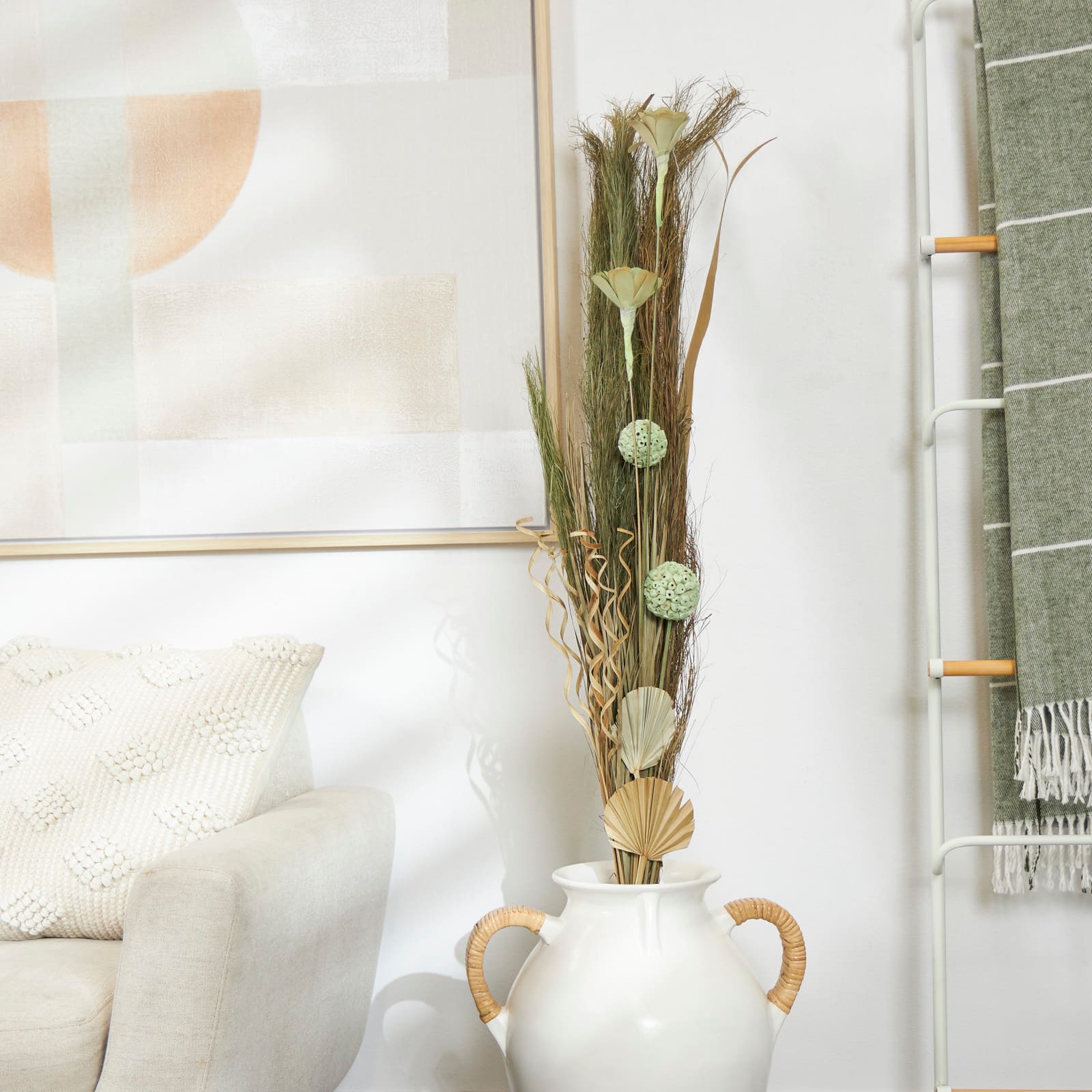 60" Green Dried Plant Assorted Bouquet Pampas Grass Natural Foliage with Palm Leaf Accents