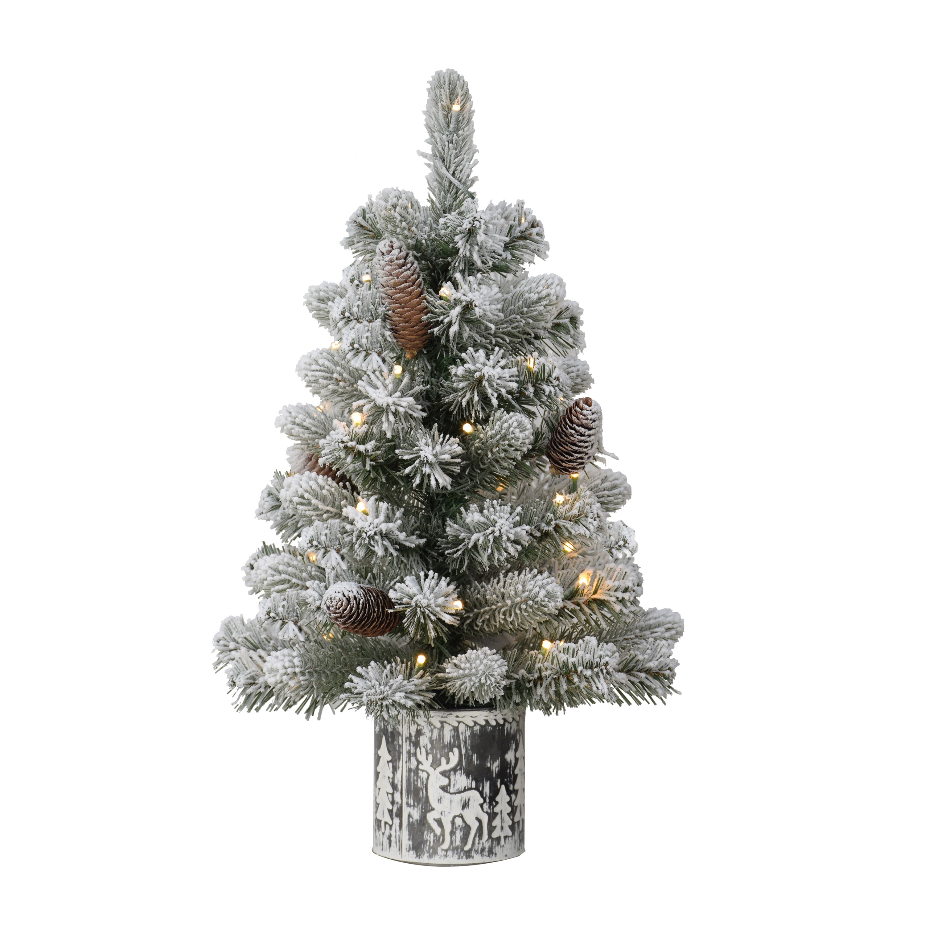 2 ft. Pre-Lit Flocked Table Top Artificial Christmas Tree In Metal Pot