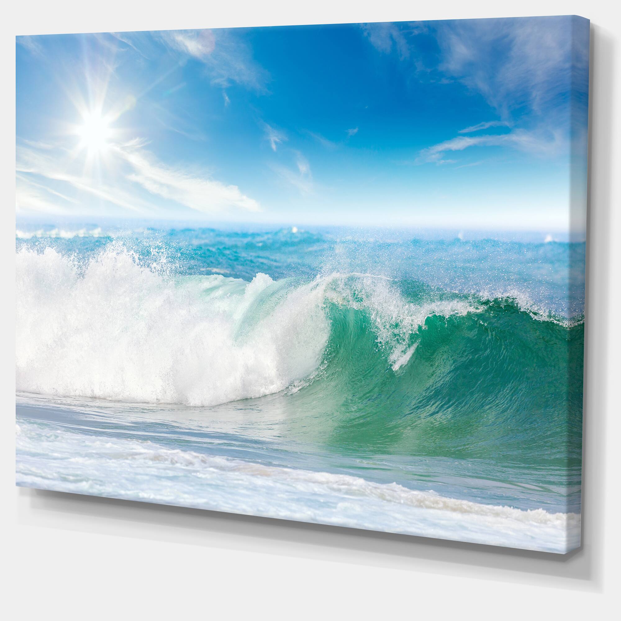Designart - White and Blue Waves under Sun - Seascape Canvas Art Print