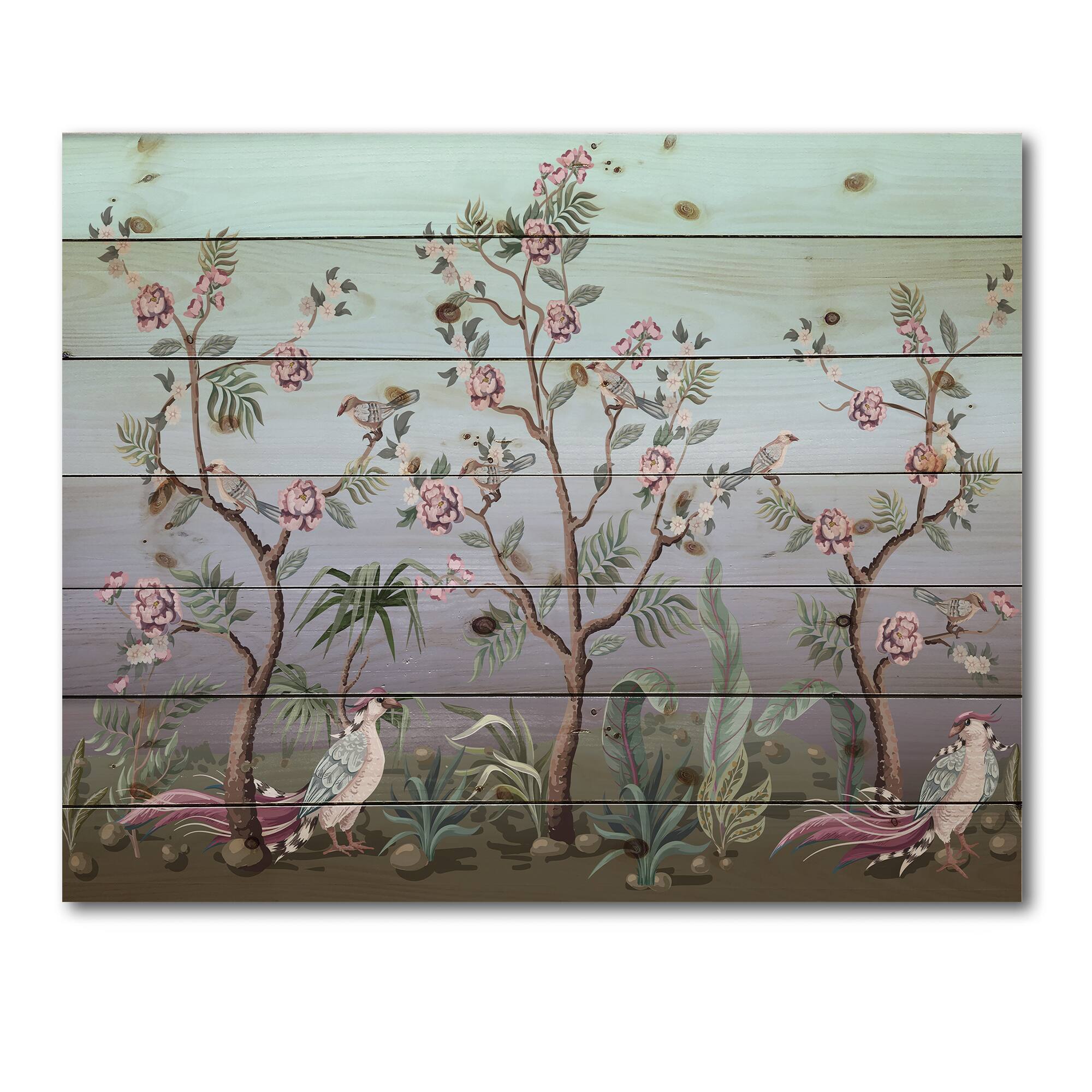 Designart - Chinoiserie With Birds and Peonies II - Traditional Print on Natural Pine Wood
