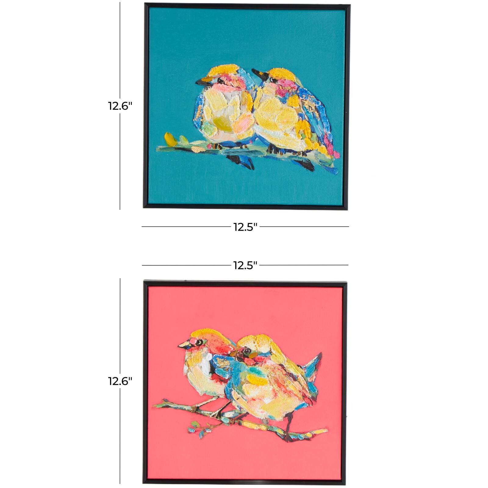 13" x 13" Multicolored Bird 3D Textured Canvas Wall Art Set with Black Frame & Gold Foil Accents