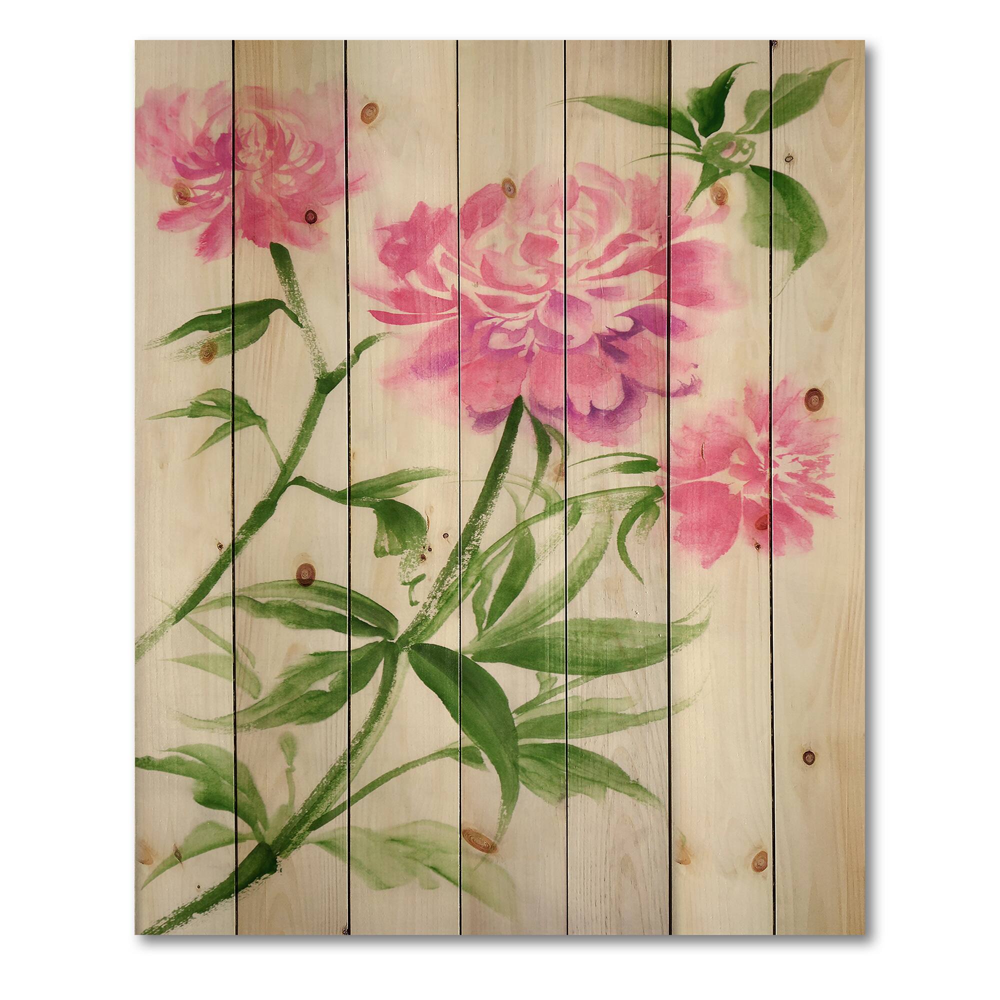 Designart - Purple Peonies Bush II - Traditional Print on Natural Pine Wood