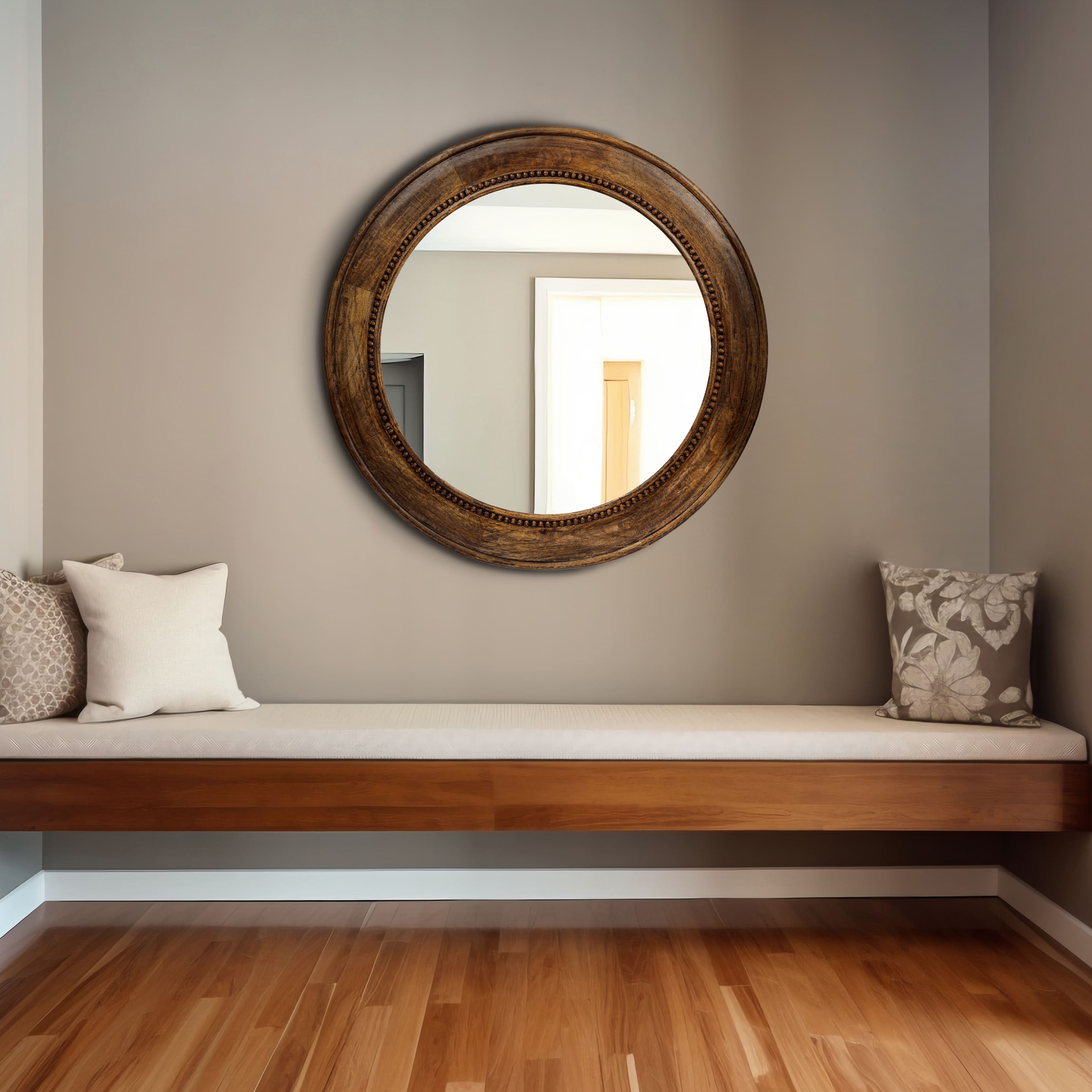 Hello Honey&#xAE; Walnut Round Carved Wood Framed Wall Mirror
