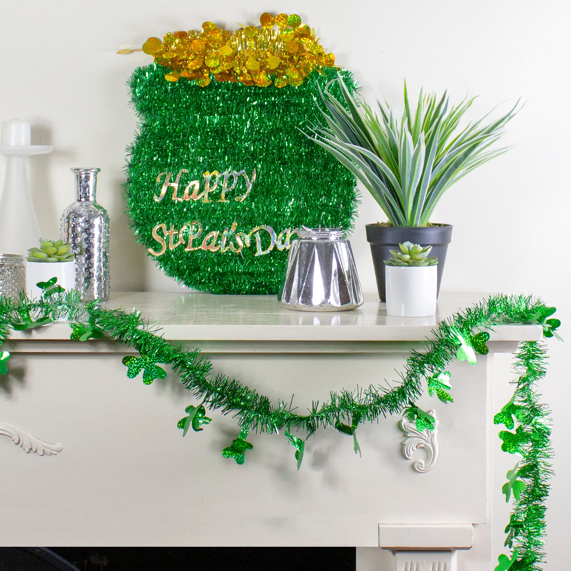 2ft. St. Patrick&#x27;s Day Irish Shamrock Laser Tinsel Unlit Garland