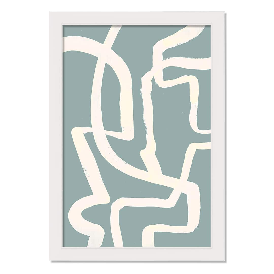 White & Teal Brush Lines White Framed Wall Décor Under Plexiglass