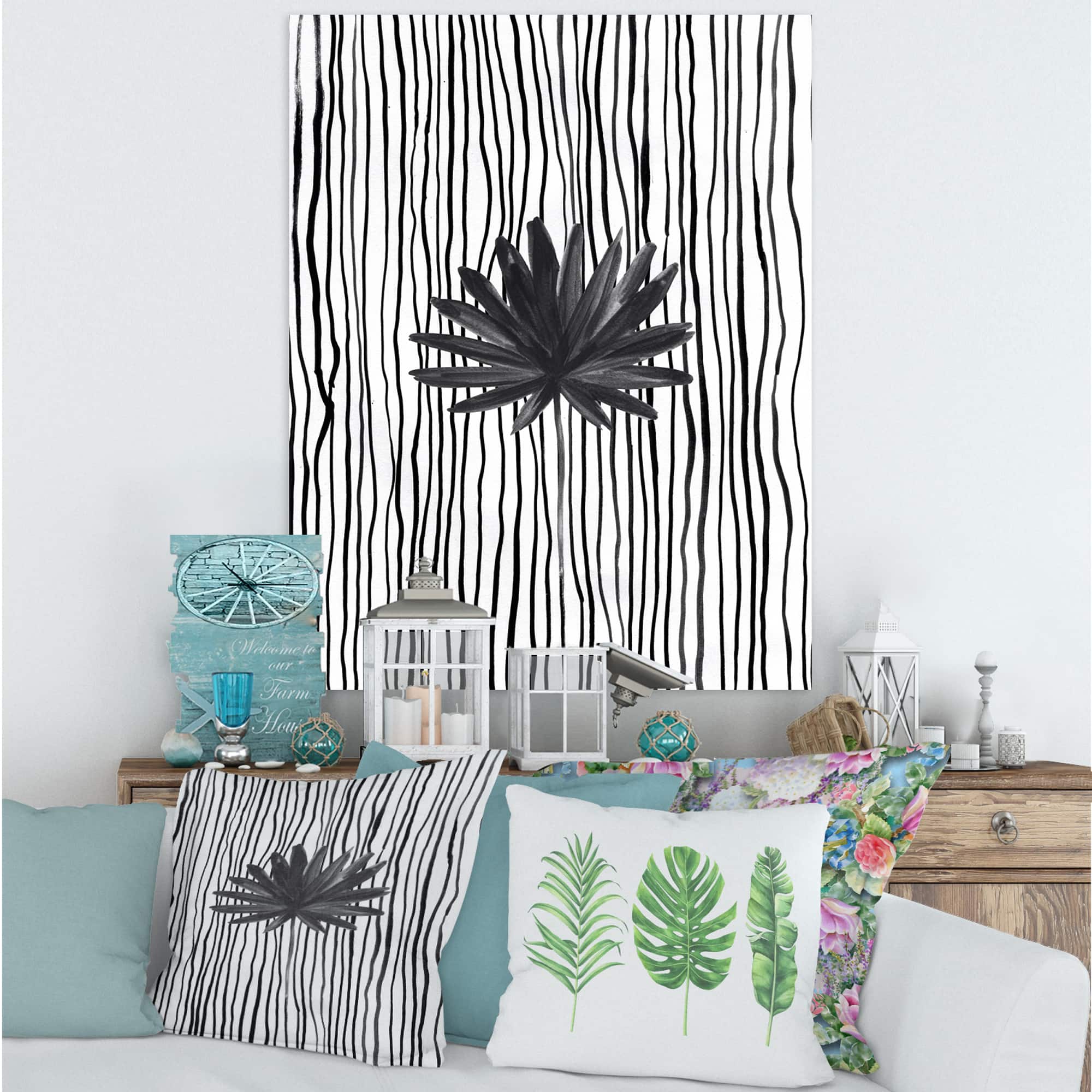 Designart - Black and White Tropical Leaf On Striped III - Modern Canvas Wall Art Print