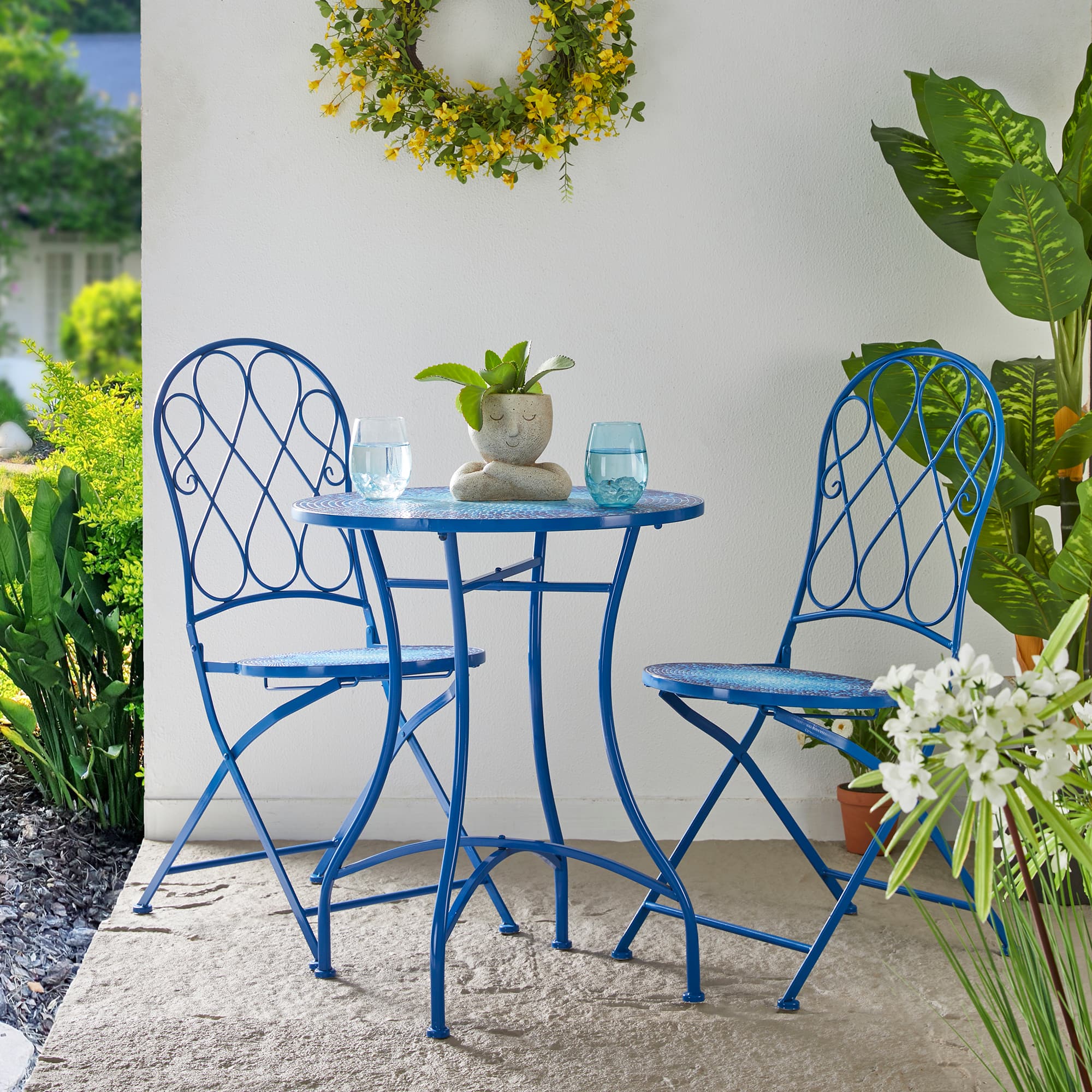 Glitzhome® 36.5" Blue Outdoor Metal Folding Bistro Chairs with Ceramic Tiles Seat, 2ct.