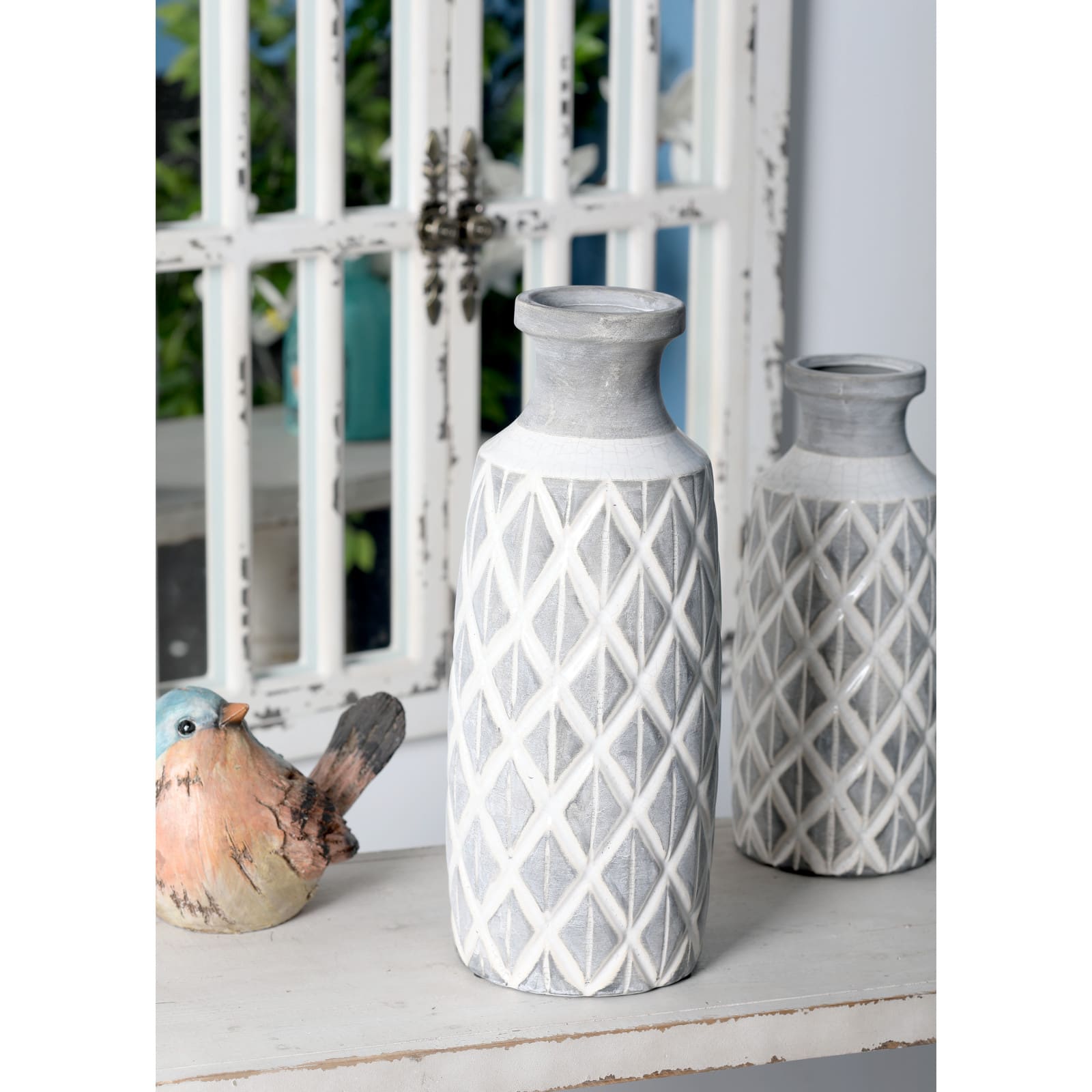 Coastal Gray And White Ceramic Jar Vase With Criss Cross Pattern, 16" x 6" x 6"