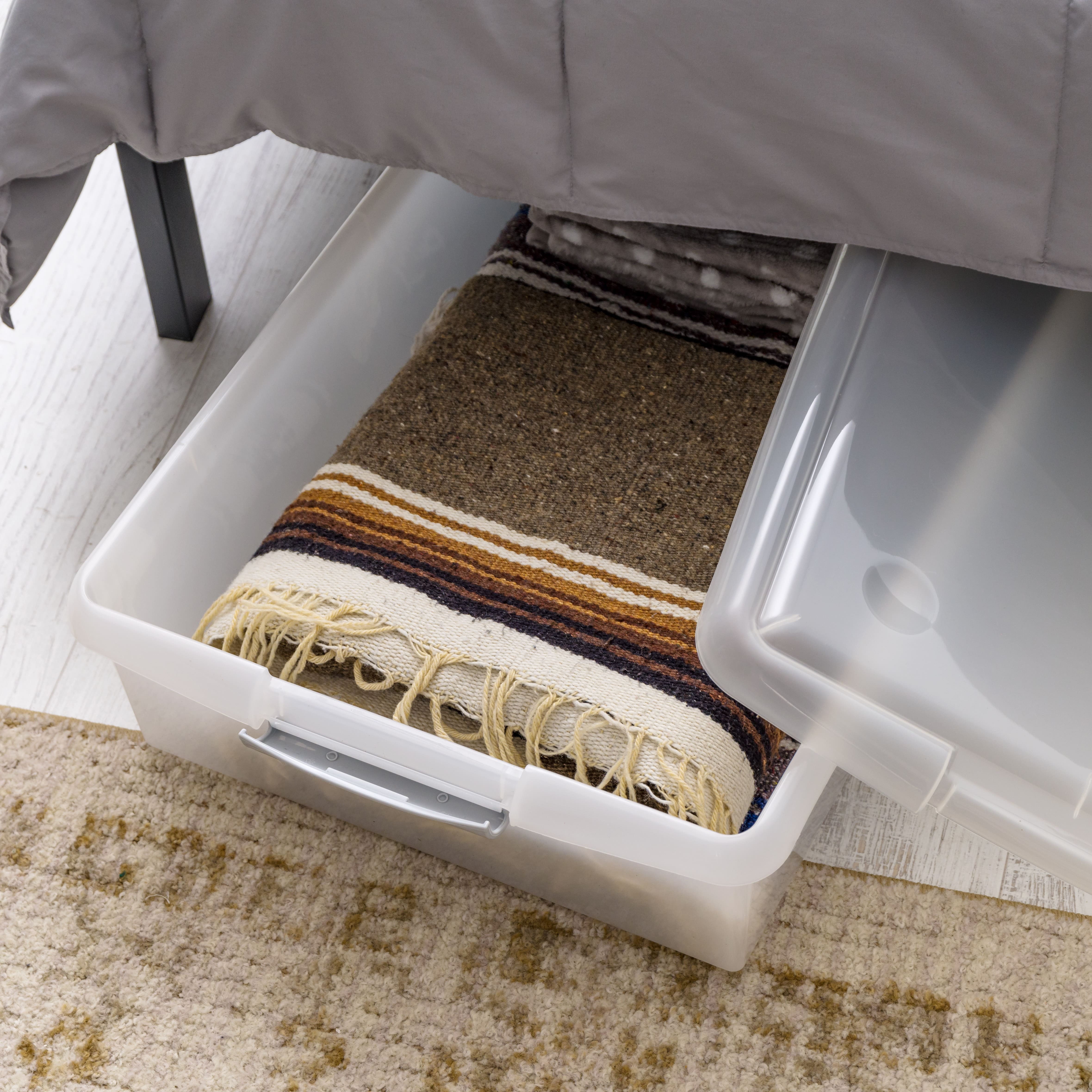 IRIS&#xAE; 40qt. Clear Store &#x26; Slide Box with Lid &#x26; Gunsmoke Gray Latches