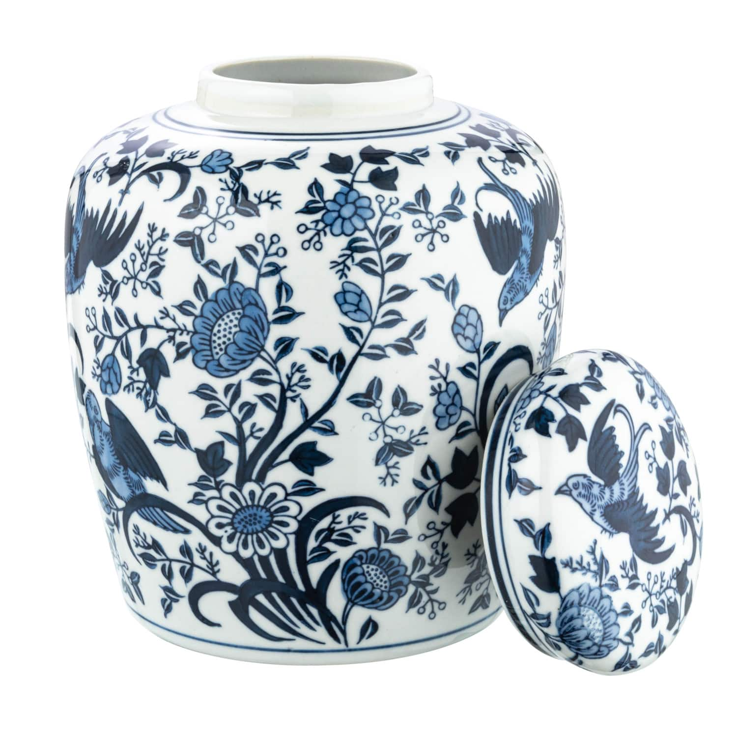 8&#x22; Blue &#x26; White Decorative Bird Ceramic Ginger Jar with Lid