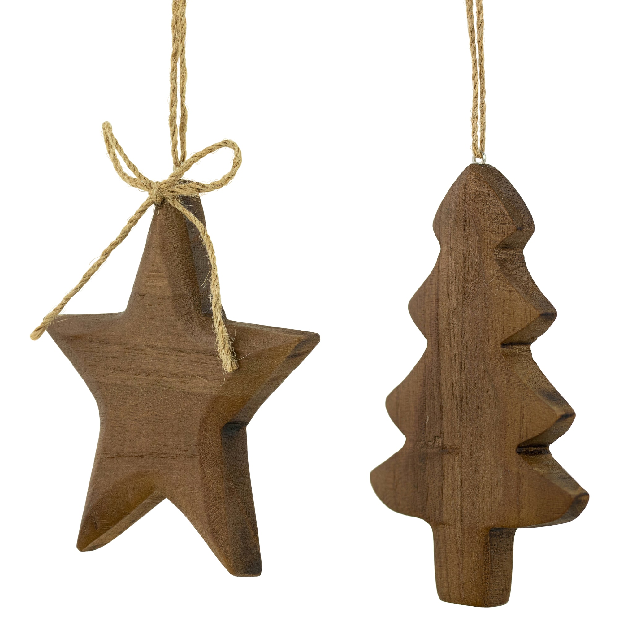 Tree and Star Wooden Christmas Ornaments - 5" - Brown - Set of 2