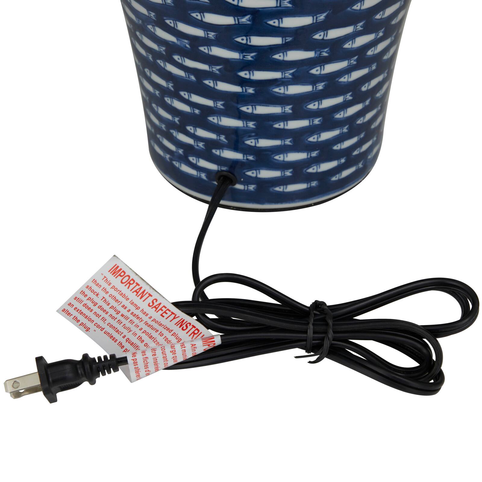 Dark Blue Ceramic Gourd Style Base Fish Table Lamp with Drum Shade 15" x 15" x 29"