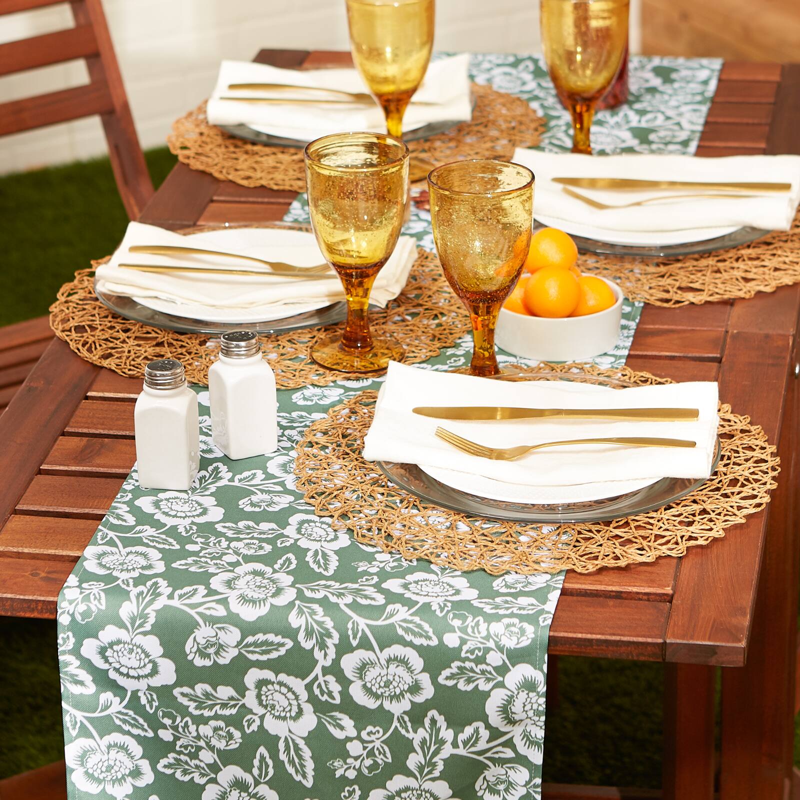 Artichoke Green  Floral Print Outdoor Table Runner, 14" x 72"