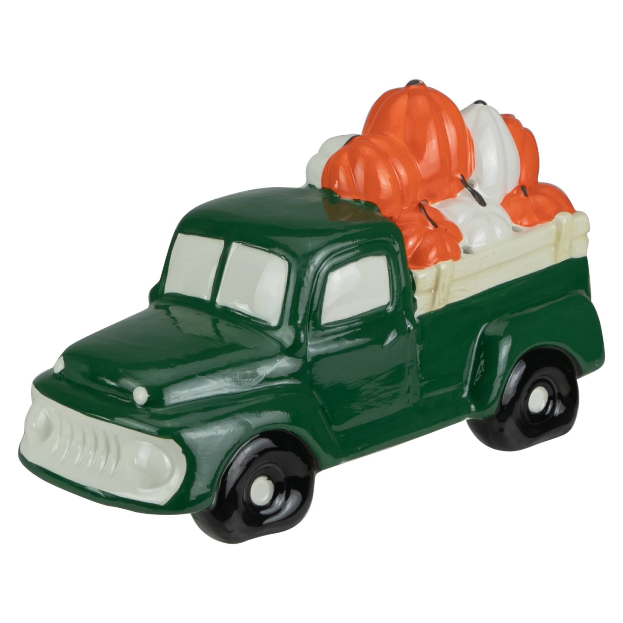9.5&#x22; LED Lighted Green Ceramic Truck Hauling Pumpkins Autumn Harvest Decoration
