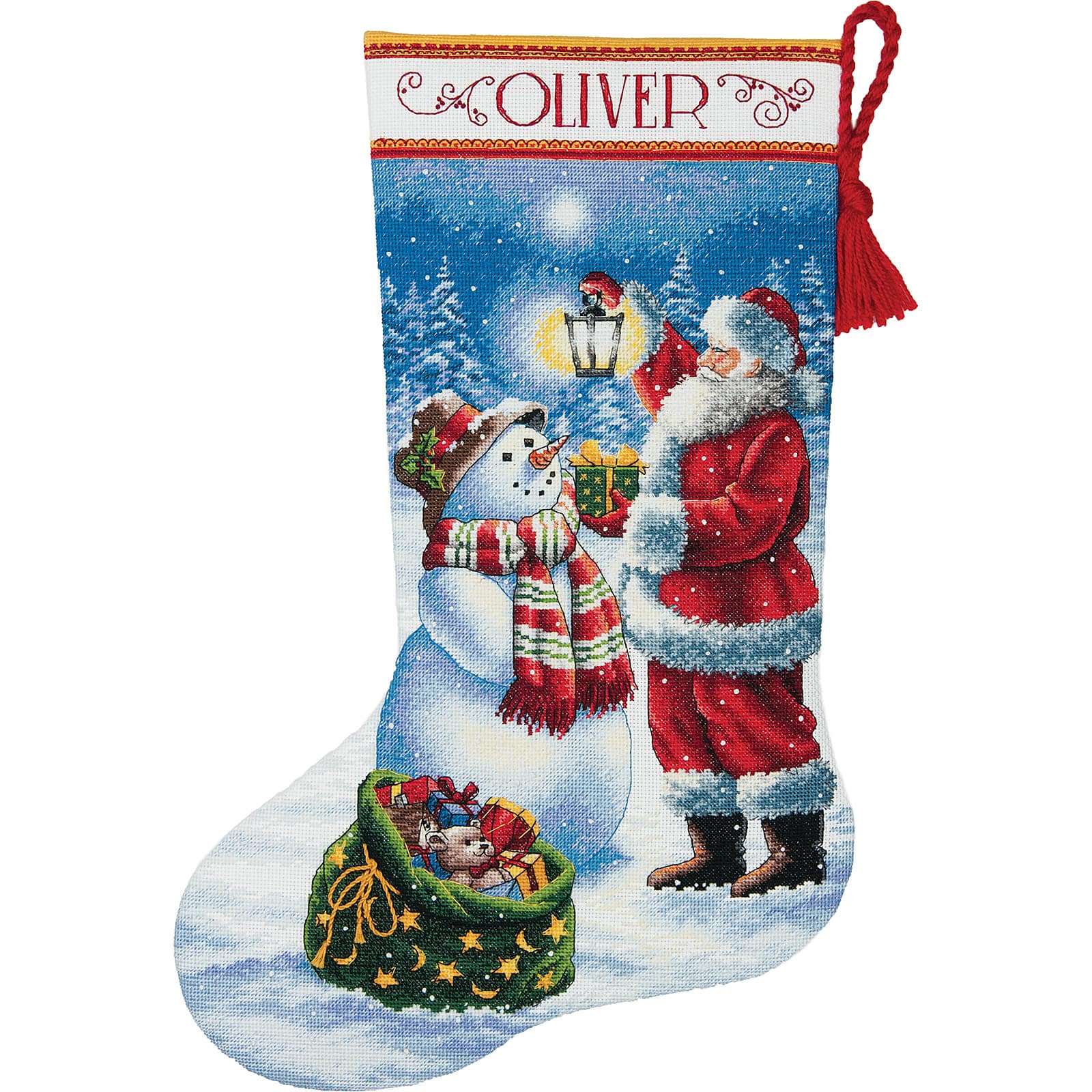 A needlepoint Christmas stocking kit that features red and white