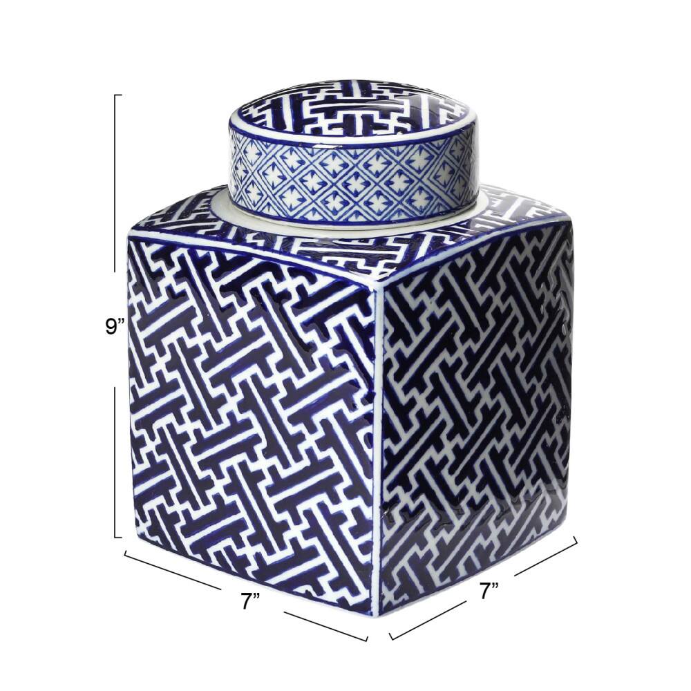Hello Honey&#xAE; 8.5&#x22; Blue and White Decorative Stoneware Ginger Jar with Lid