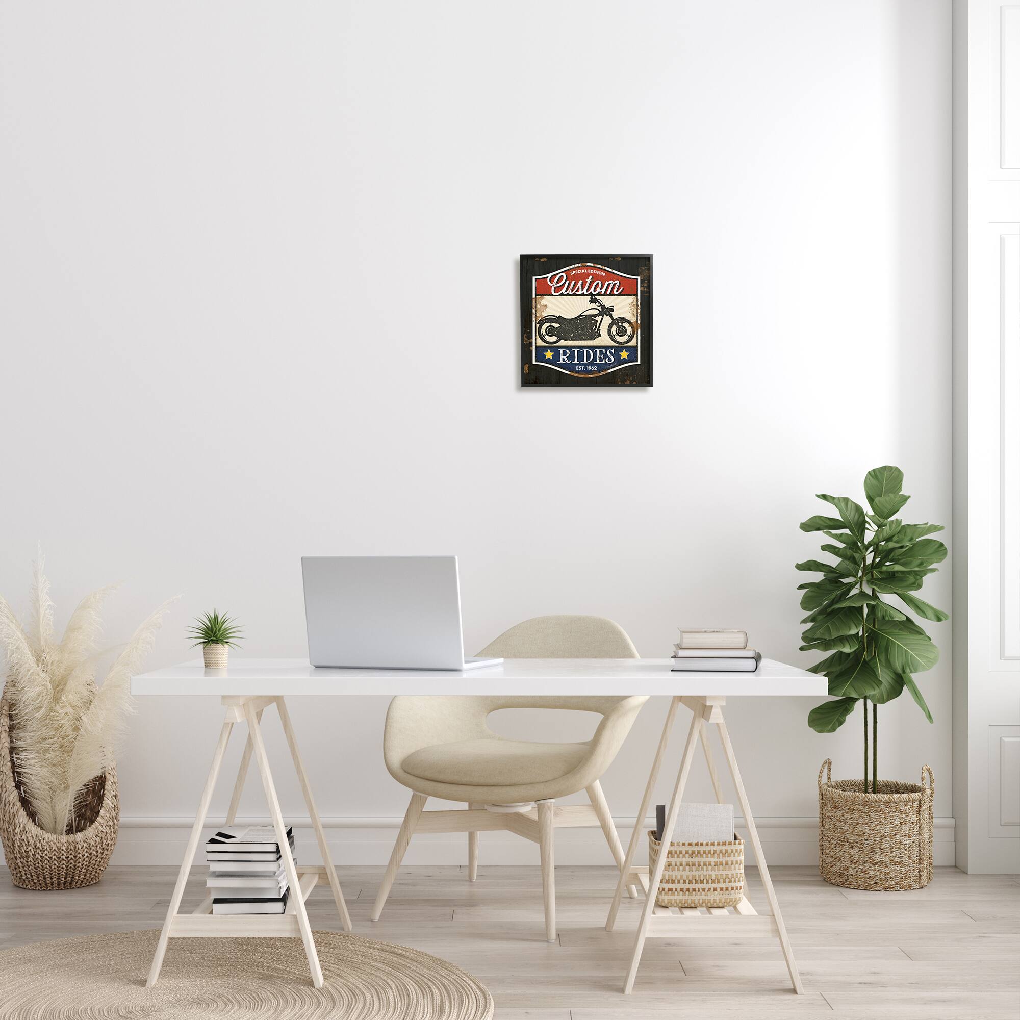 Stupell Industries Custom Rides Motorcycle Sign Vintage Americana Bike in Black Frame Wall Art