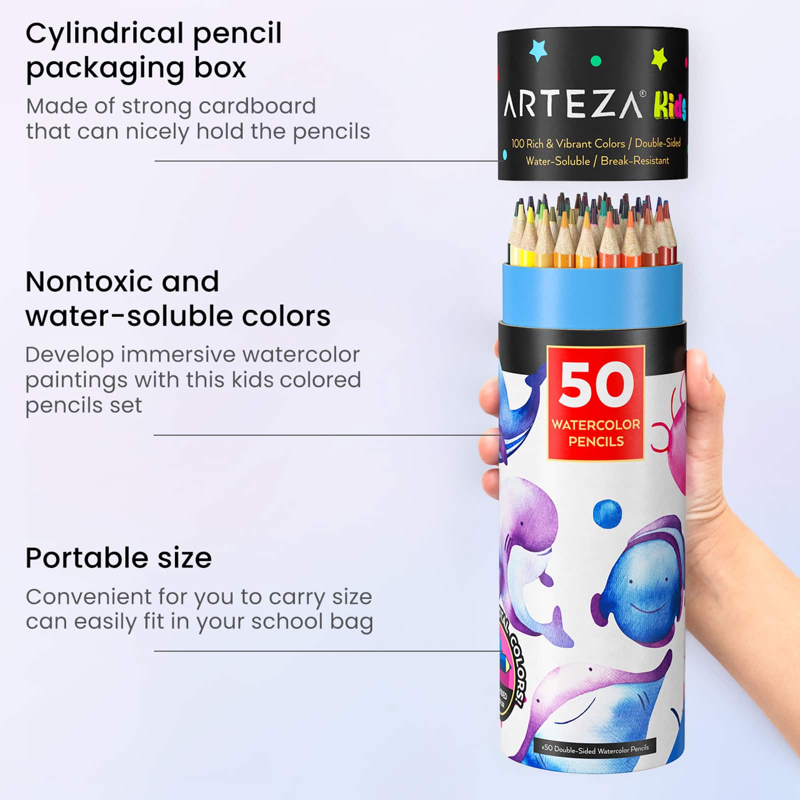 Arteza&#xAE; Kids Dual Sided Watercolor Pencils with Watercolor Brush, 50 pcs
