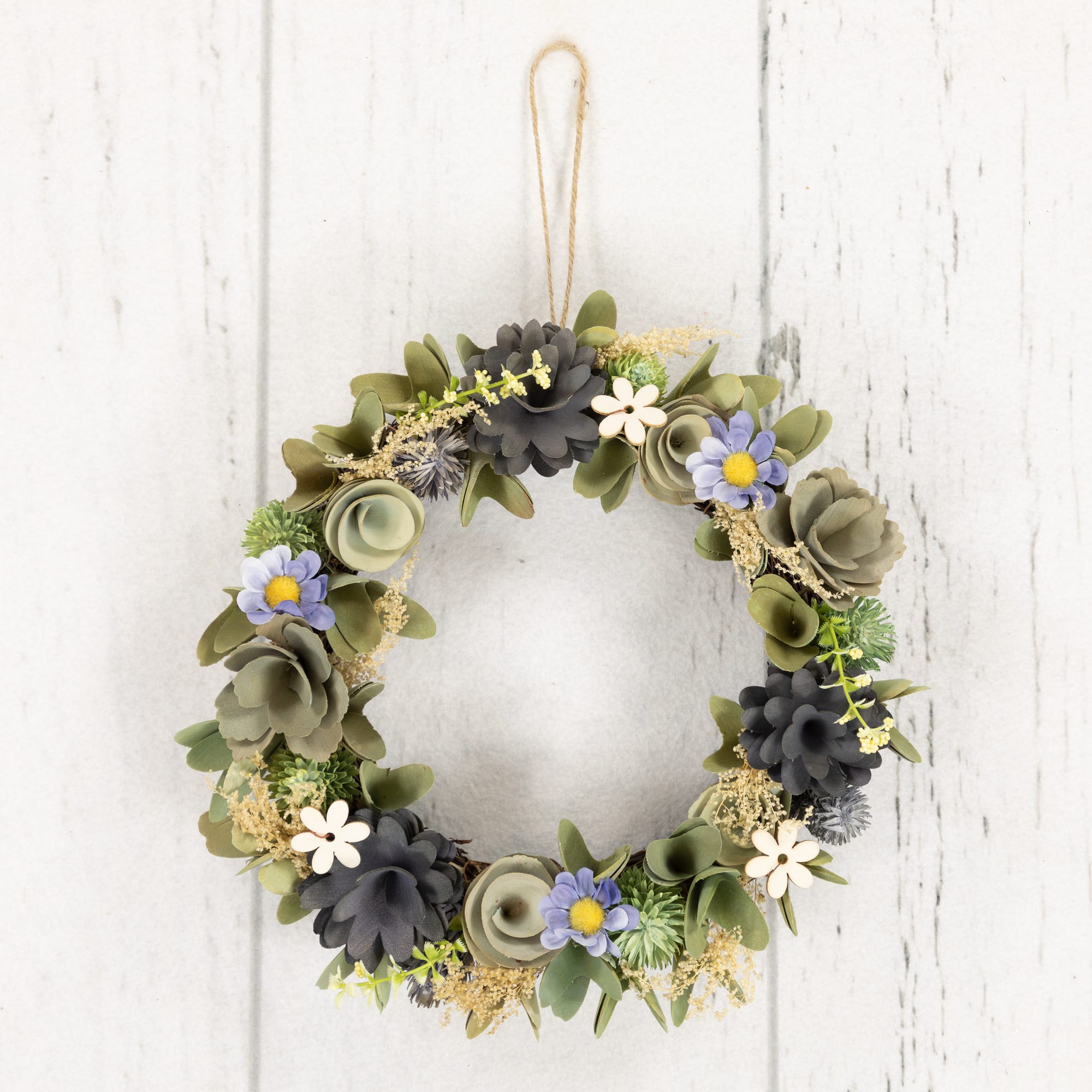 10.5" Green & Blue Wooden Mixed Floral Artificial Spring Wreath