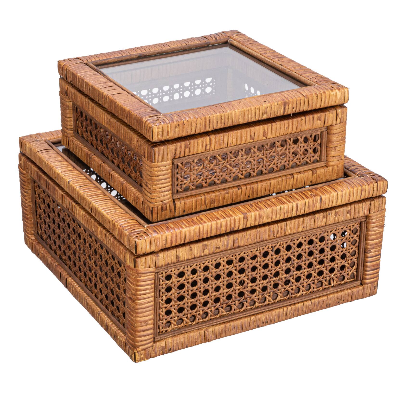 Hello Honey&#xAE; Dark Brown Modern Decorative Square Woven Rattan &#x26; Wood Display Box Set with Glass Top