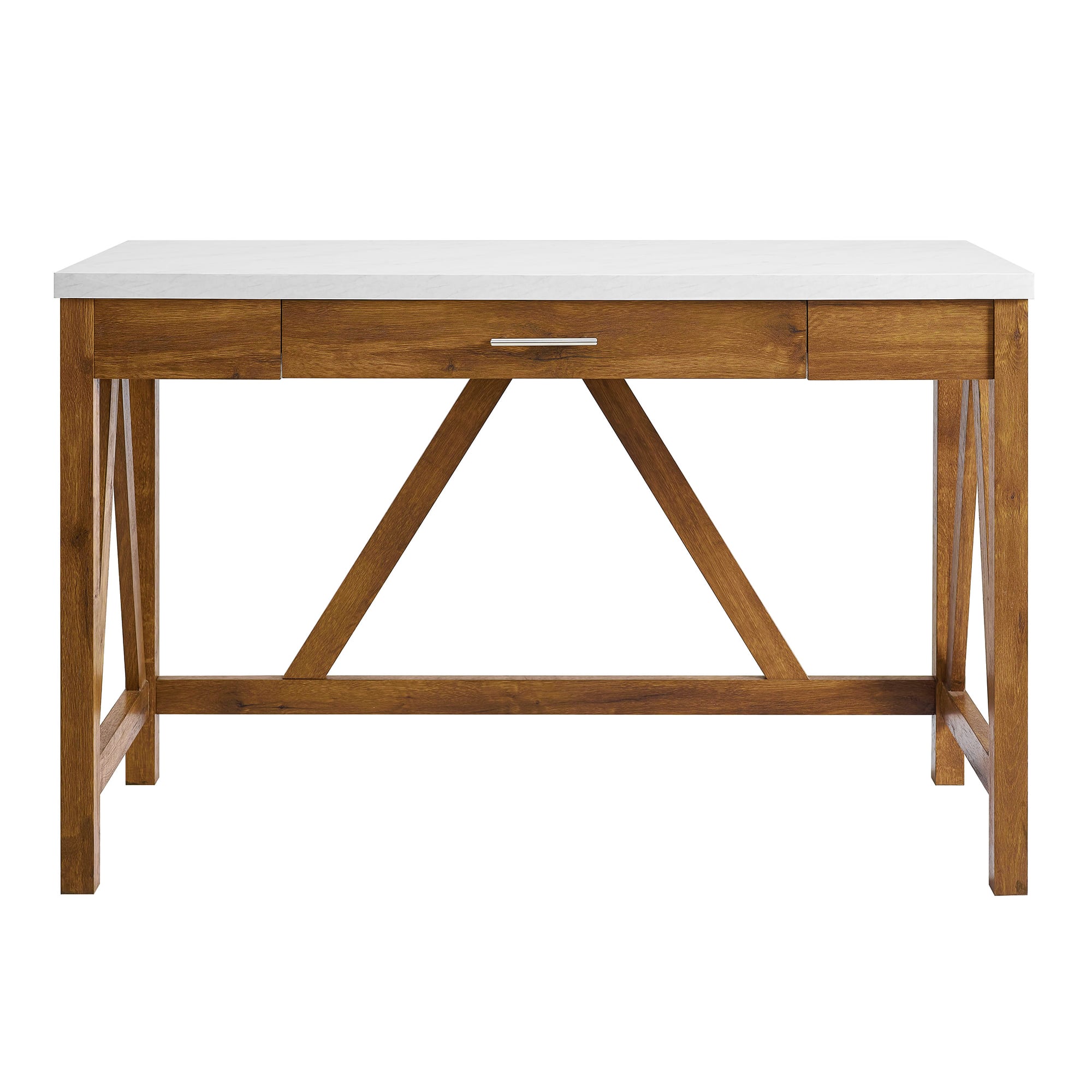 Walker Edison 46" Natural Walnut/Faux White Marble A Frame Wood Computer Desk with Drawer