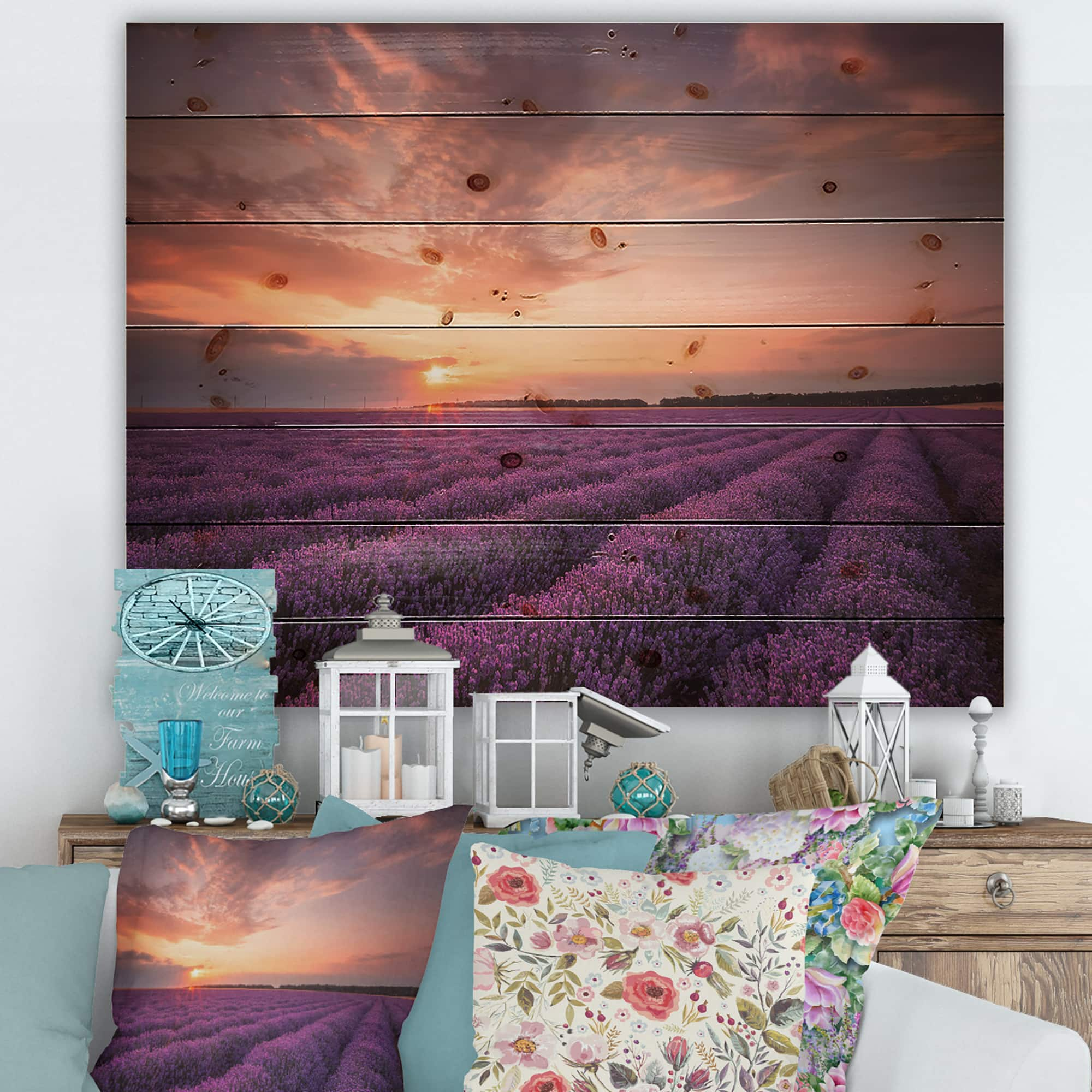 Designart - Sunrise &#x26; Dramatic Clouds Over Lavender Field XII - Farmhouse Print on Natural Pine Wood