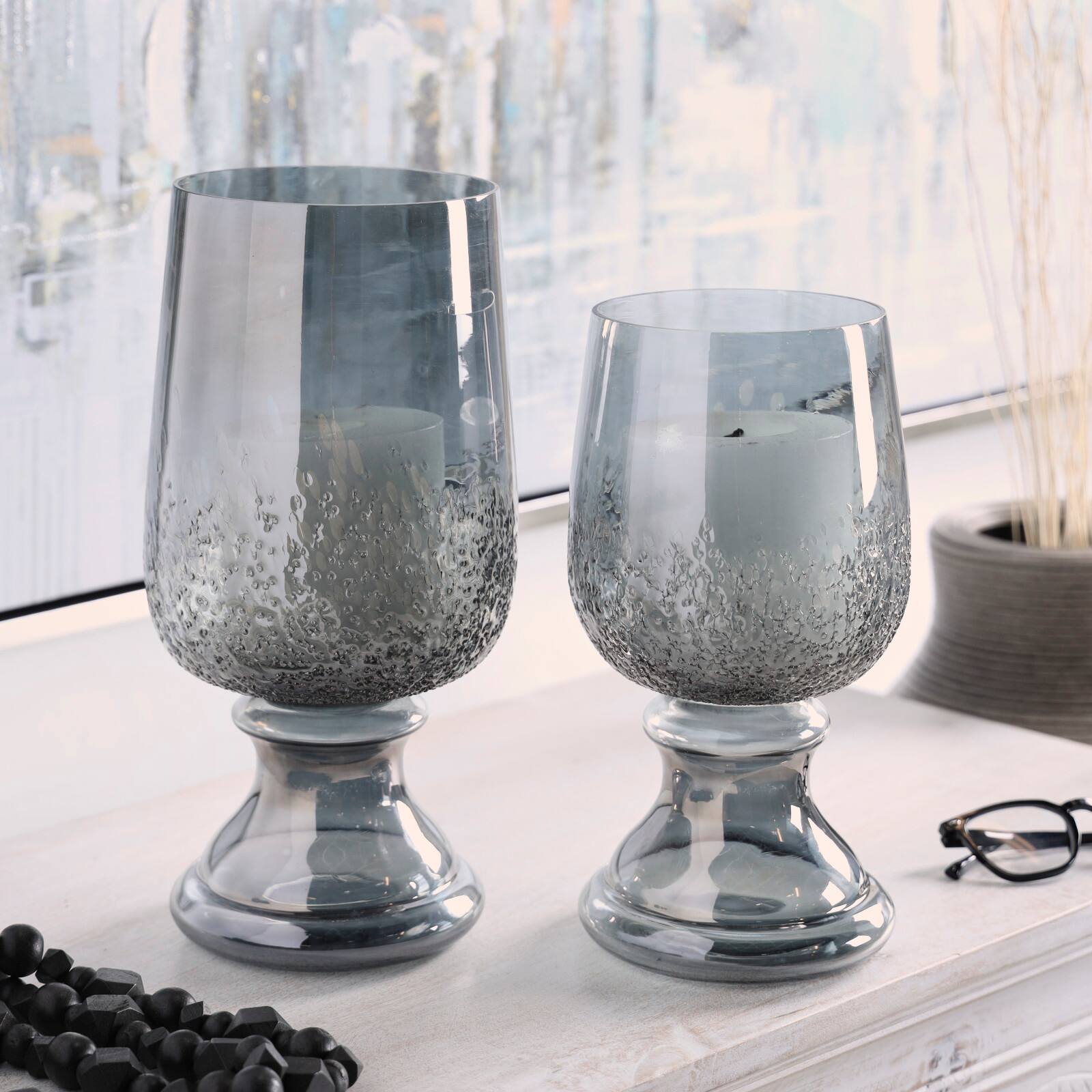 Gray Tinted Textured Glass Candle Holder Set
