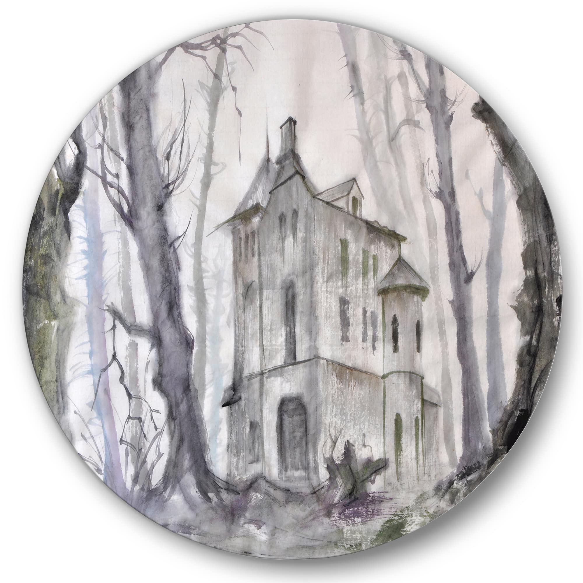 Designart - Haunted Castle In The Woods - Traditional Metal Circle Wall Art