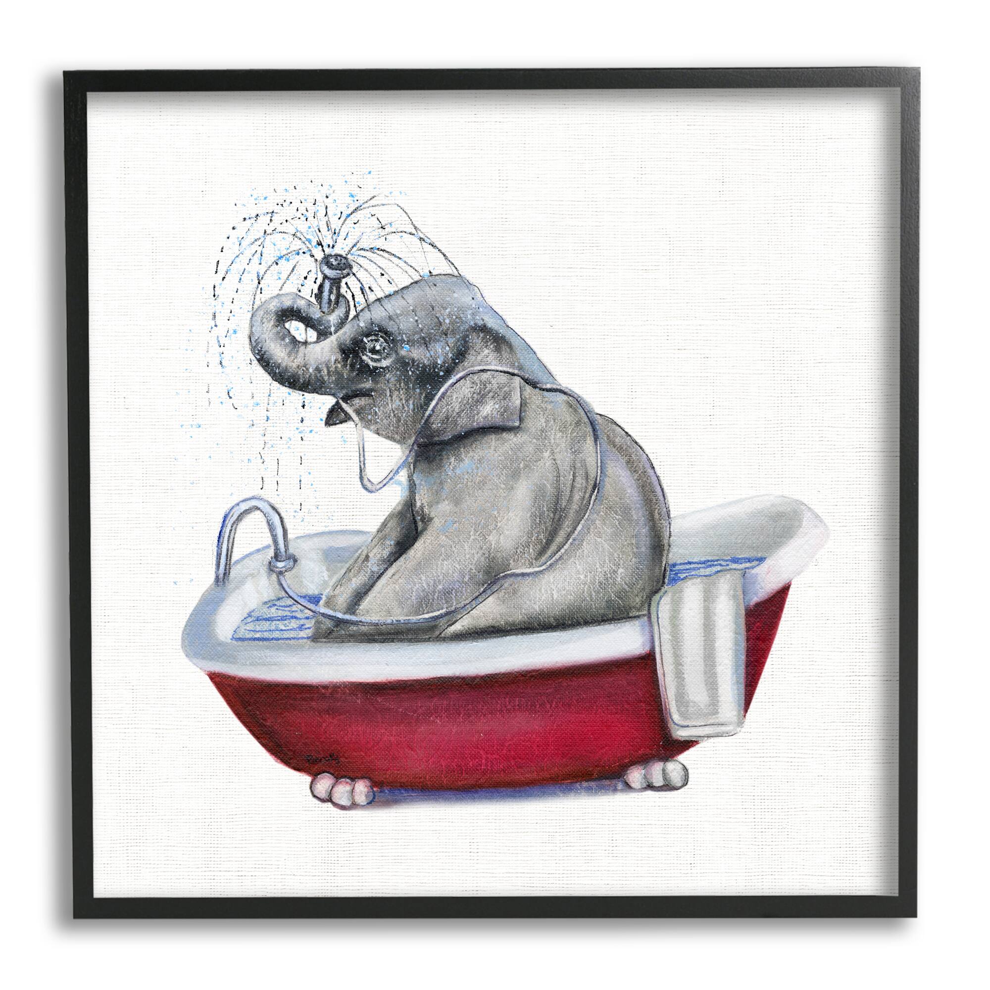 Stupell Industries Elephant in Red Bathtub Playful Safari Animal Framed Wall Art