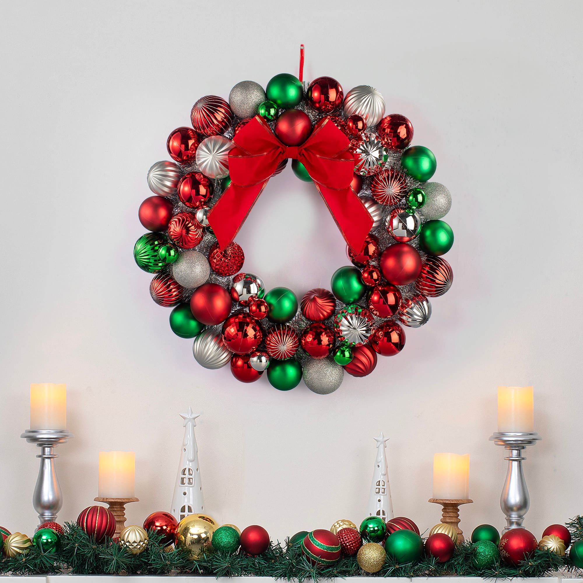 24" Red, Green & Silver Ornament Wreath with Bow by Ashland®