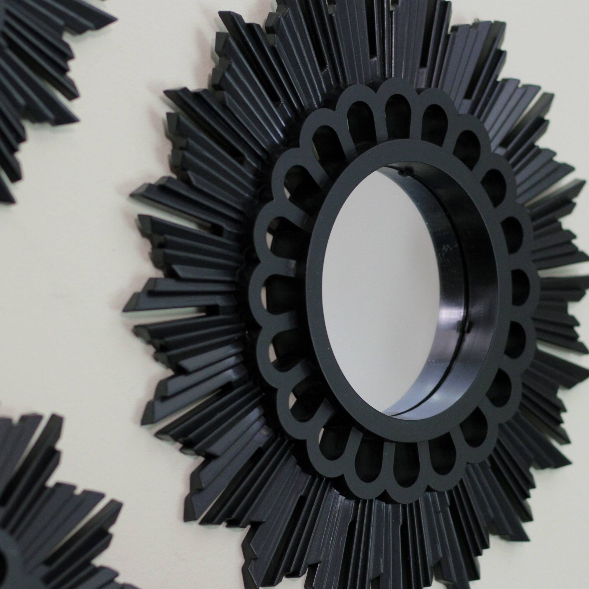 9.5&#x22; Floral Sunburst Matte Black Round Mirror Set