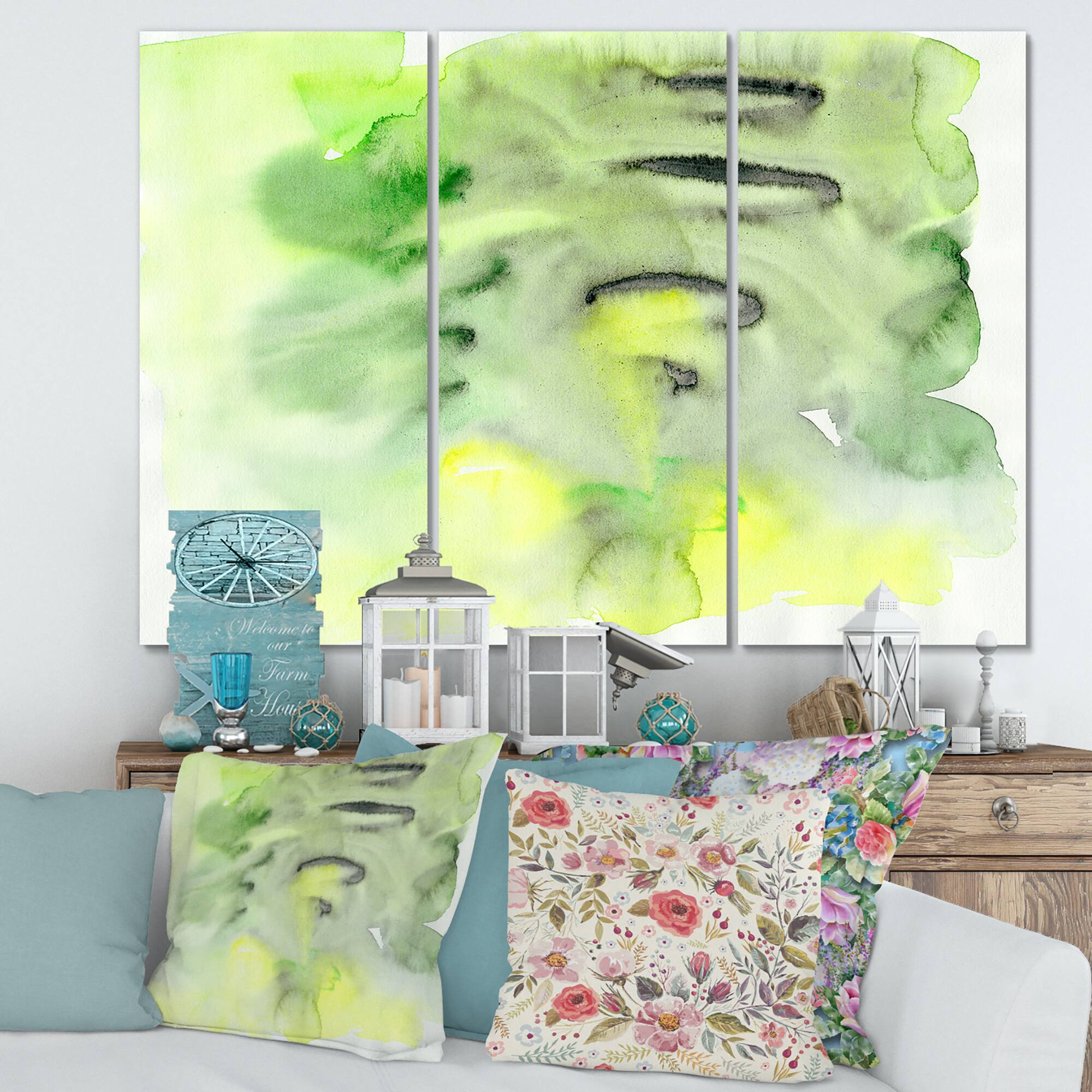 Designart - Abstract Pond of Green and Yellow - Modern Canvas Wall Art Print