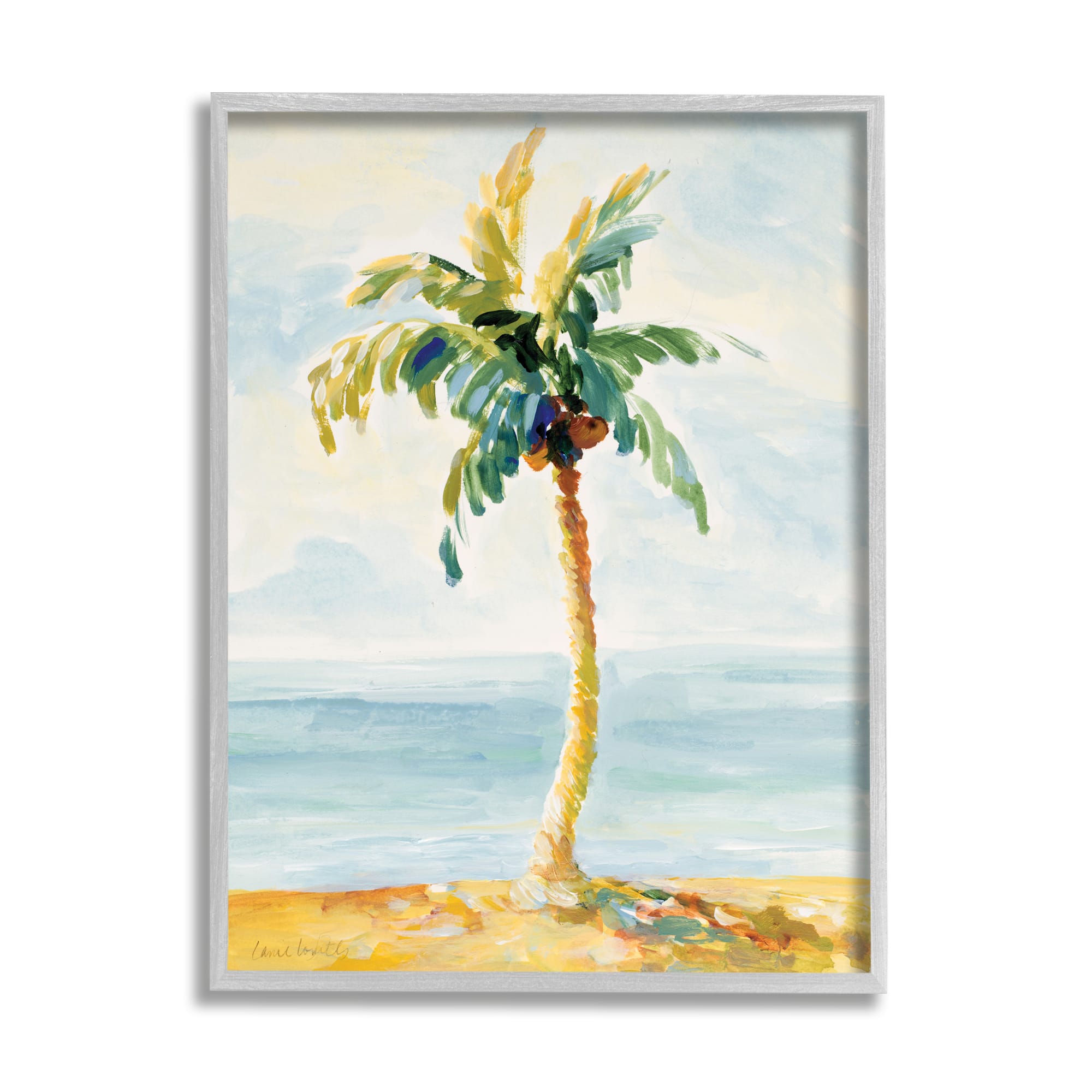 Stupell Industries Palm Tree with Coconuts on Beach Sand in Gray Frame Wall Art