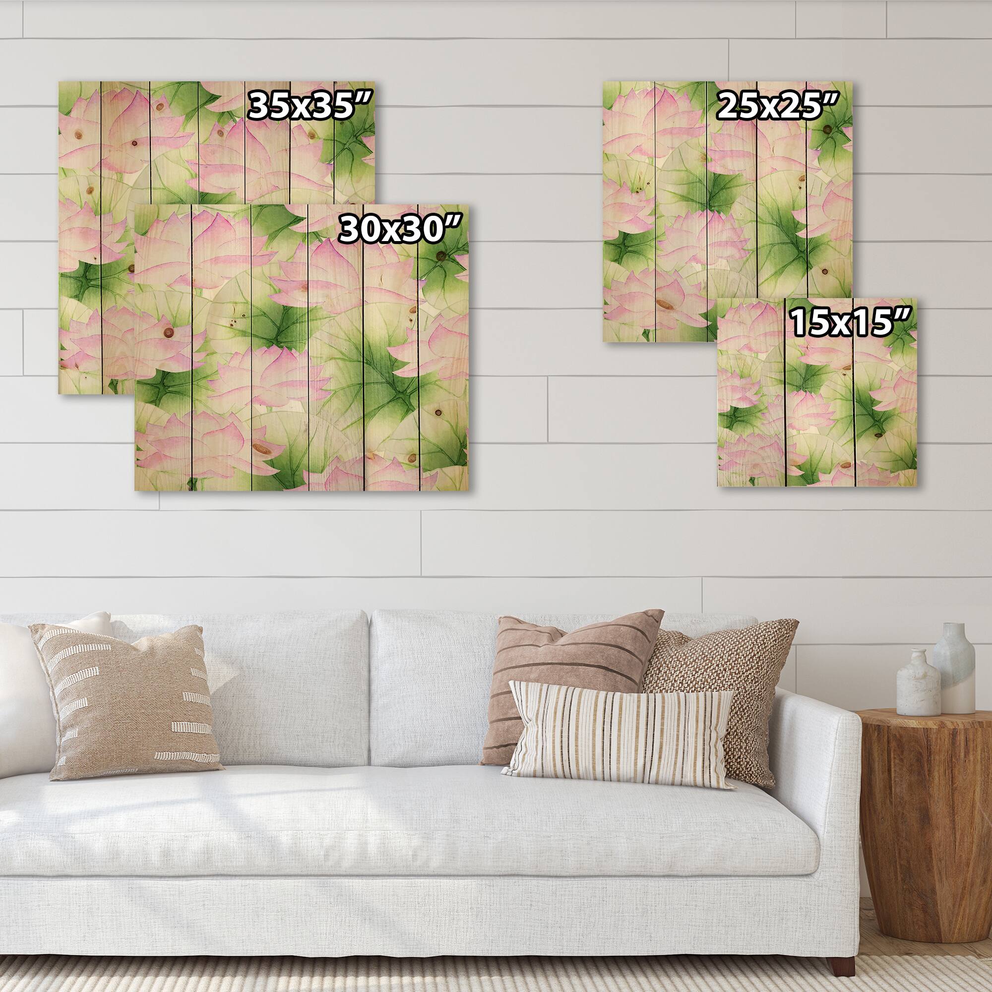 Designart - Vintage Pink Lotuses In The Pond IX - Traditional Print on Natural Pine Wood