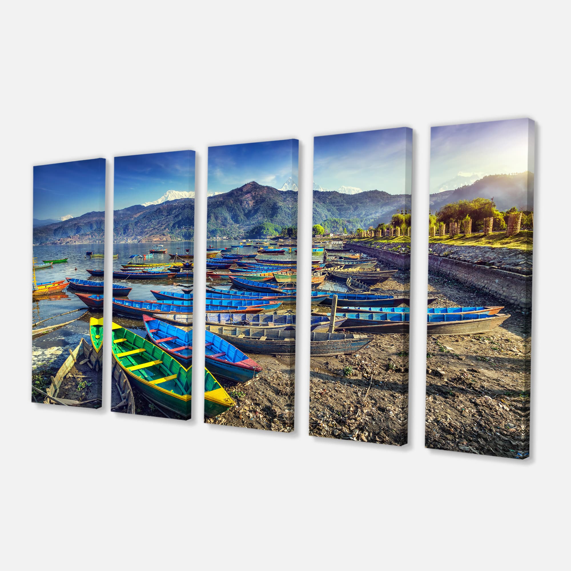 Designart - Colorful Boats in Pokhara Lake - Boat Canvas Art Print